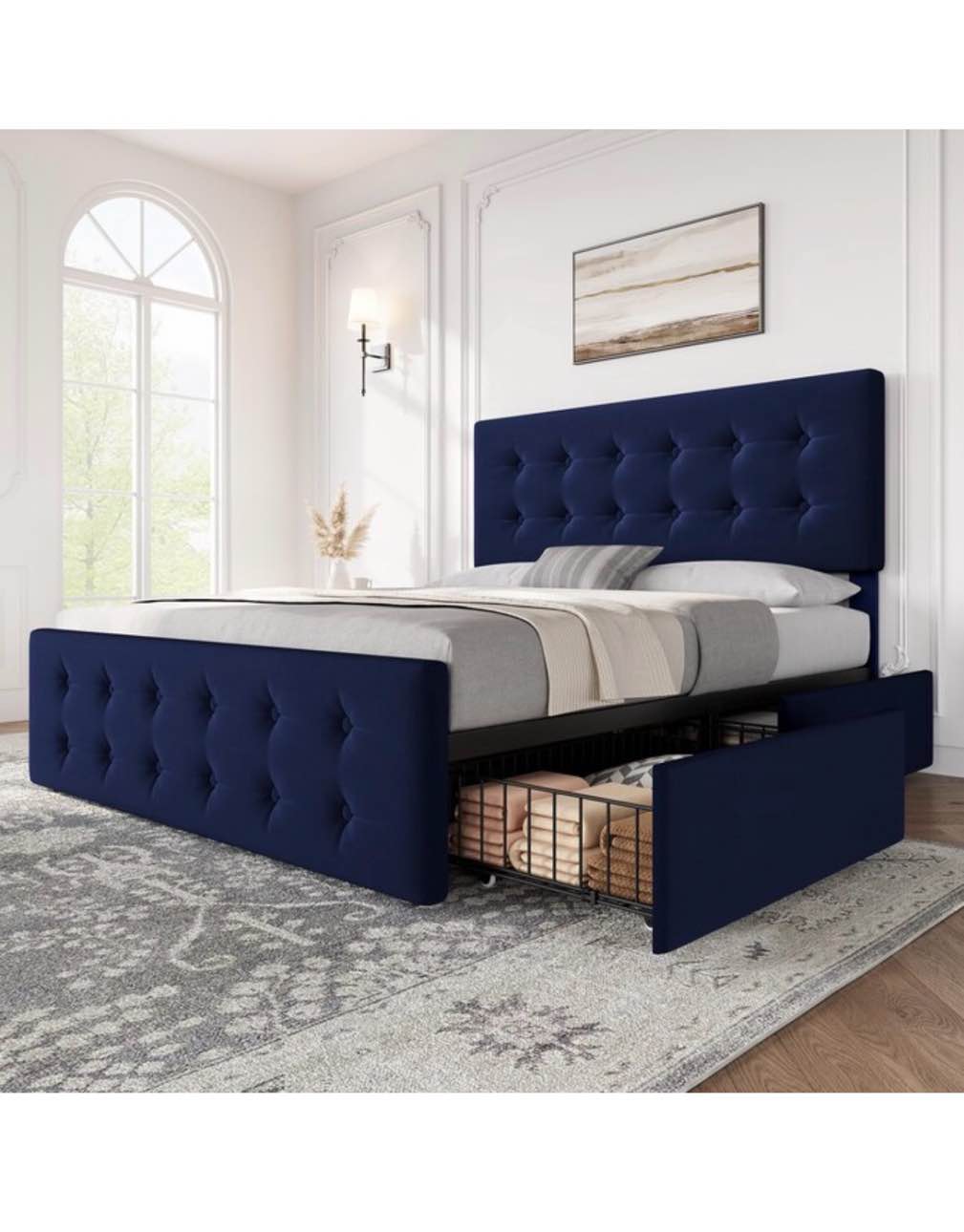 full-size upholstered platform bed frame with 4 storage drawers and a button-tufted headboard