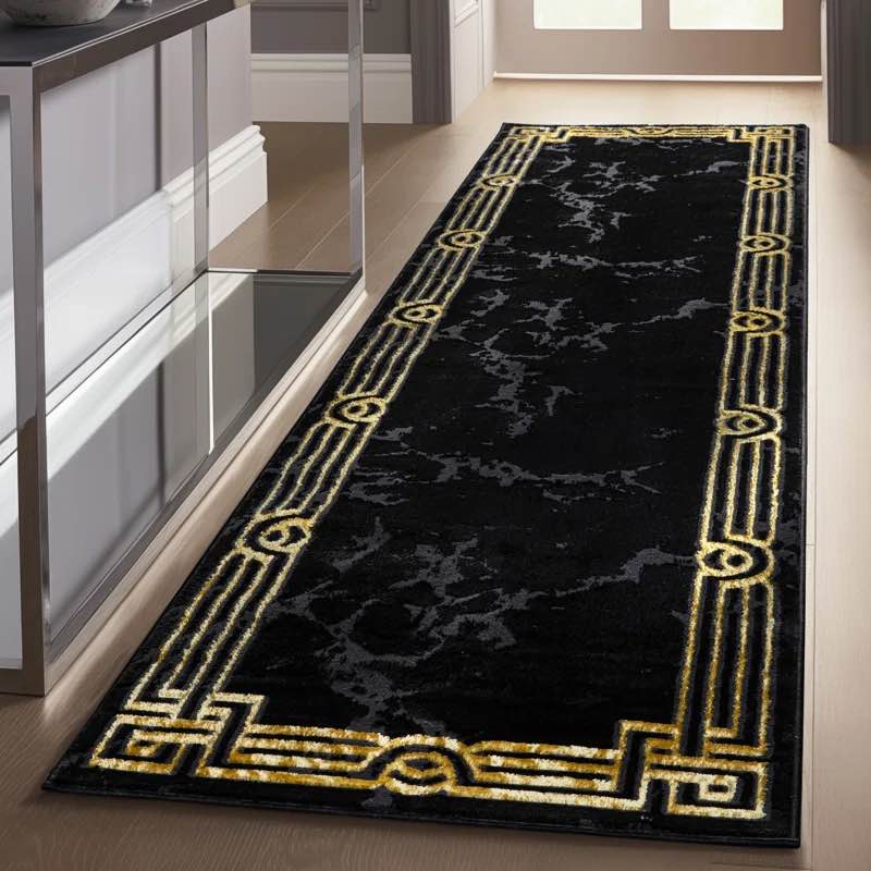 well woven lezlee abstract modern 2'7" x 9'10" runner - black gold marble border elegant & soft rug 