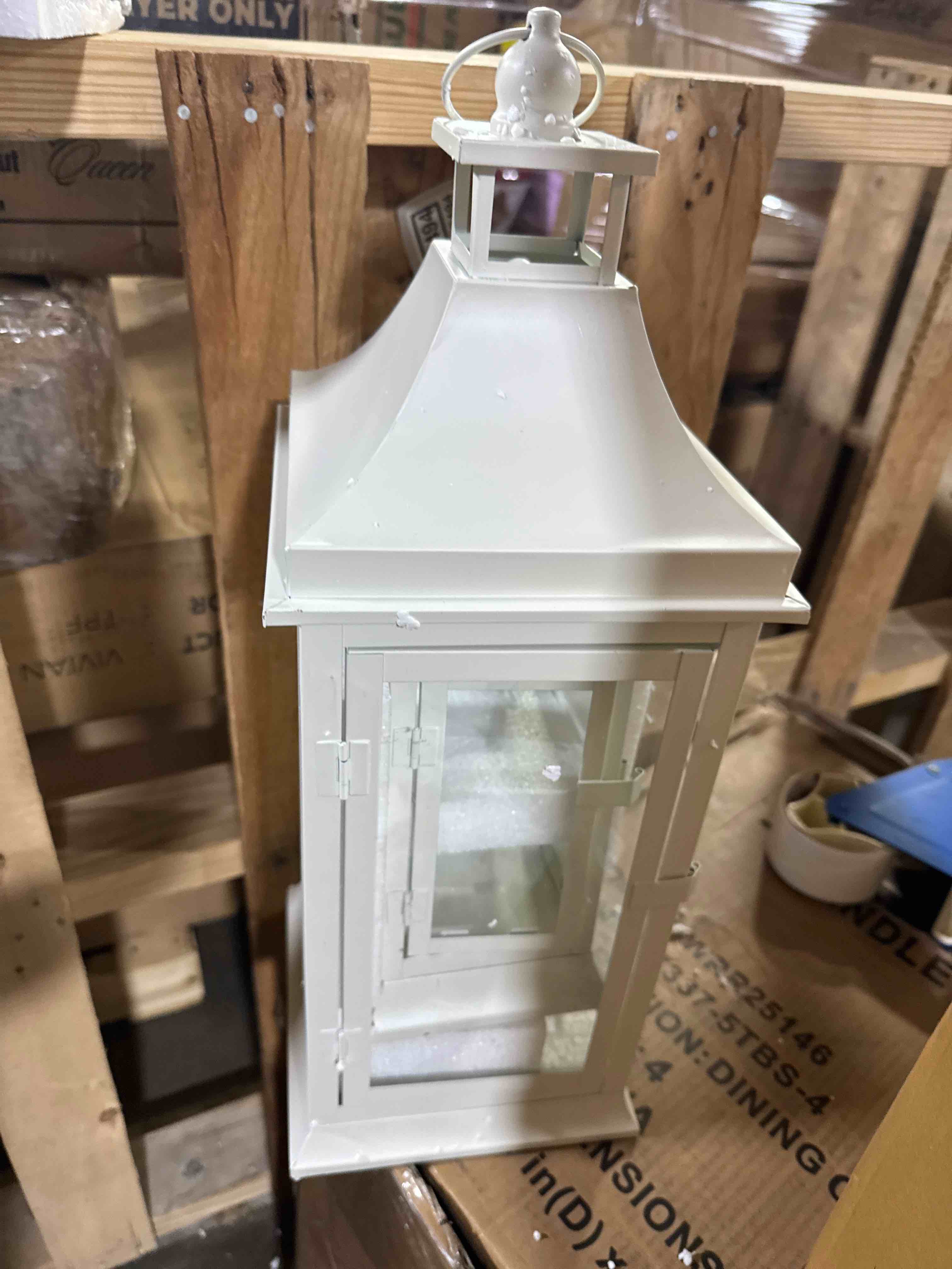 Condition photo showing New/Like New for JHY DESIGN Set of 2 19.5''&13''Tall Outdoor Candle Lanterns Vintage Hanging Tower Lantern Metal Candle Holder for Garden Living Room Indoor Outdoor Parties Weddings Balcony(White)