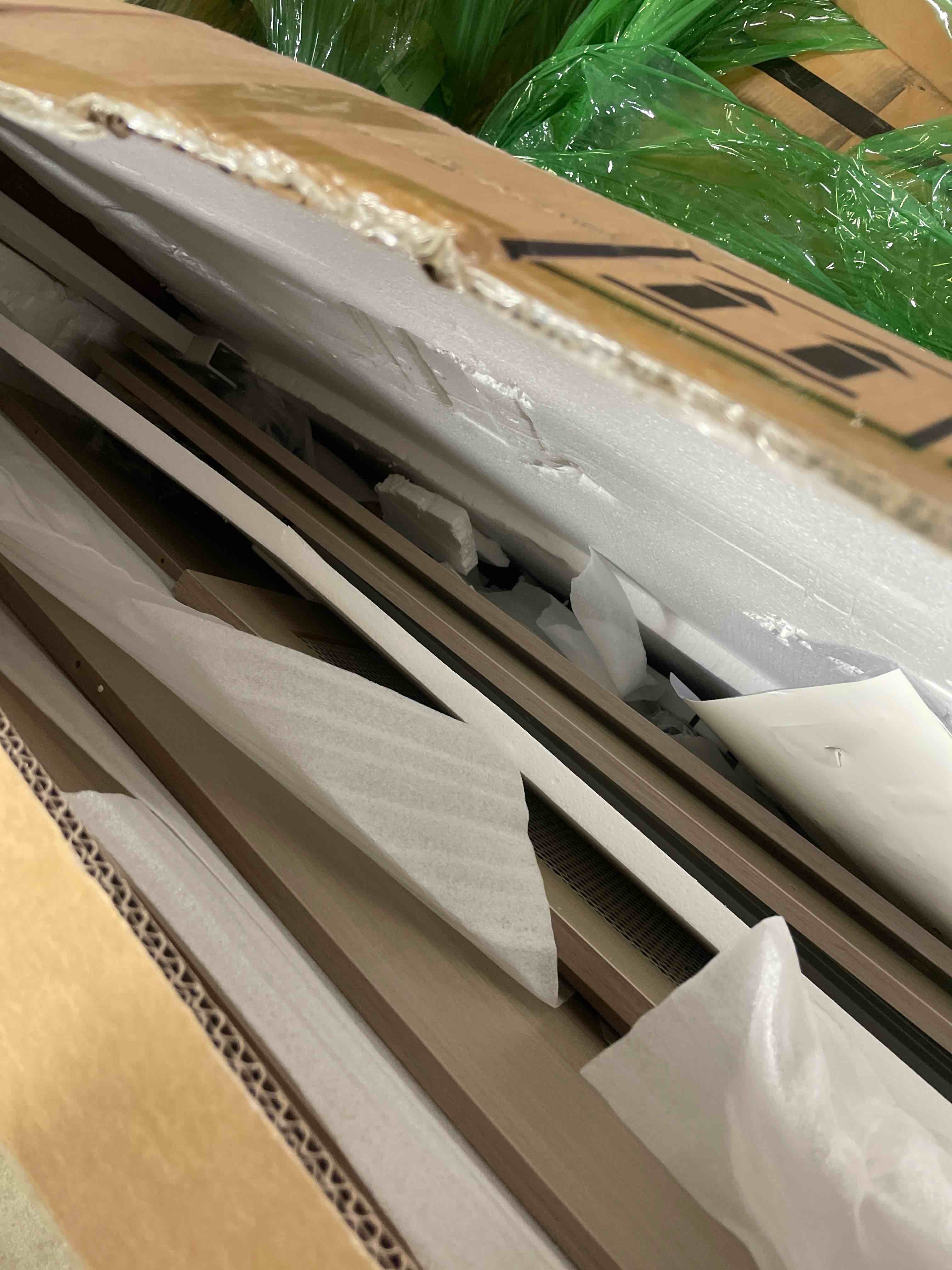 Condition photo showing Good Condition for YITAHOME ?Farmhouse King Size Bed Frame with Headboard, Bookcase Storage Shelves, Sliding Grid Barn Door, Charging Station, Rustic Wood Platform Bed, No Box Spring Needed, Oak