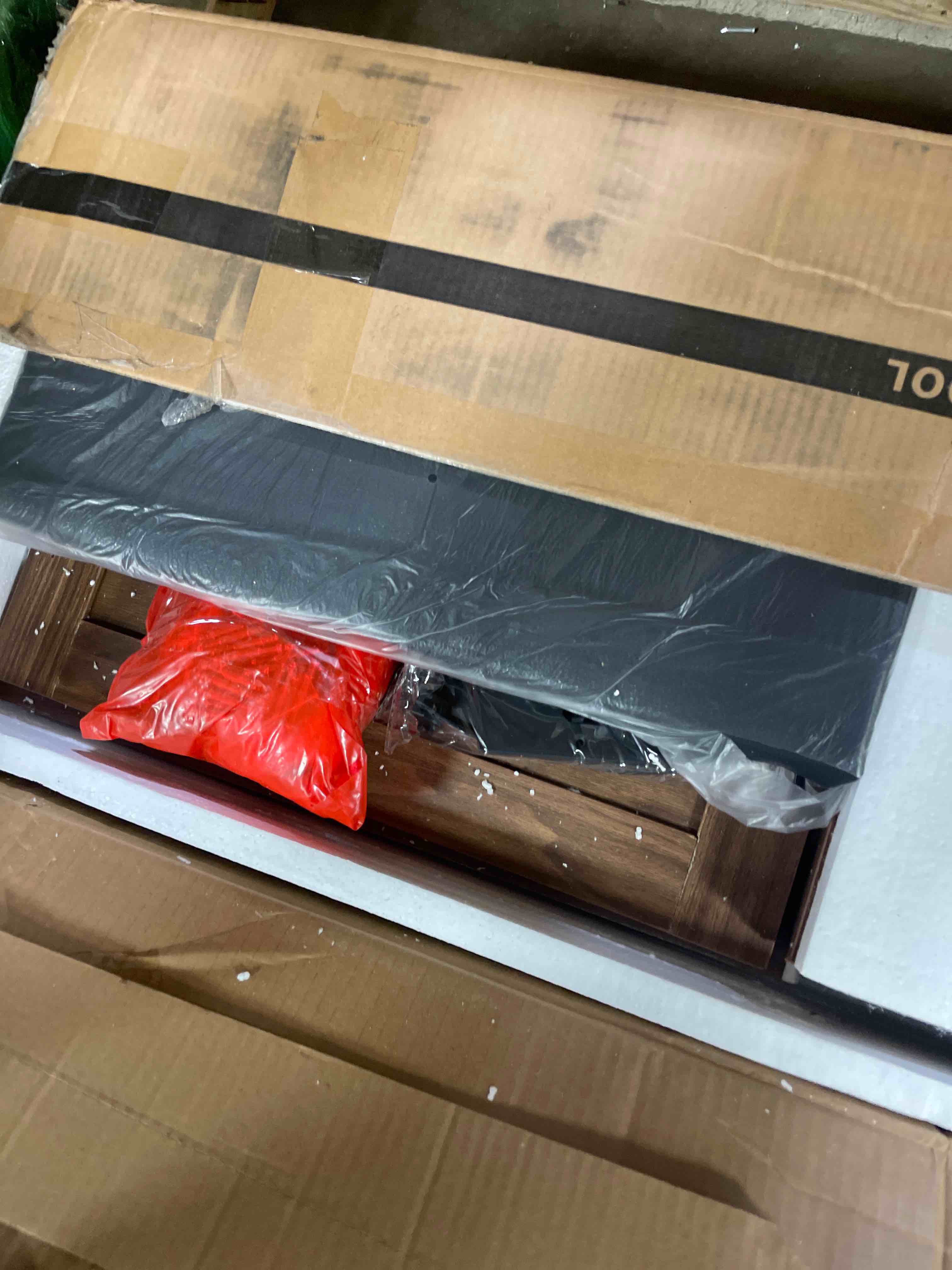 Condition photo showing Good Condition for Farmhouse Shoe Cabinet with 4 Flip Drawers, Shoe Storage Cabinet w/Bench for Entryway, Narrow Hidden Shoe Organizer with Upholstered Seat & Metal Legs for Hallway, Living Room, Closet- Walnut