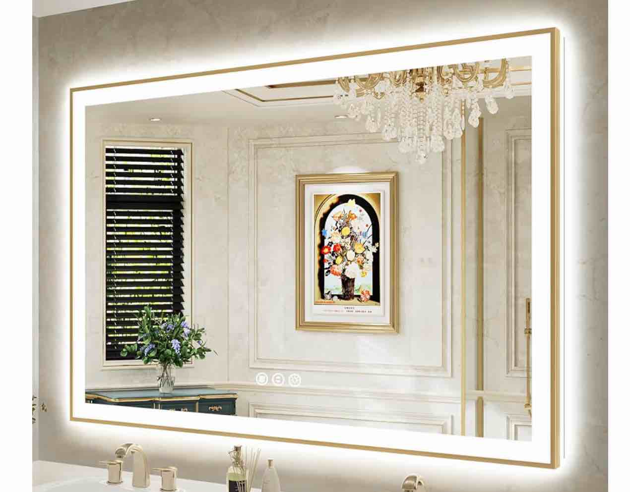 yeelait 60x40 inch led bathroom mirror with lights (front lit and backlit) gold framed lighted vanity mirror for bathroom wall dimmable anti-fog memory tempered glass horizontal/vertical