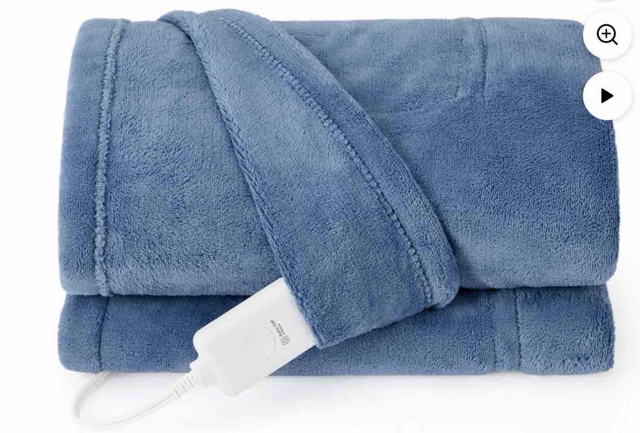 Sunbeam Electric Heated Throw Blanket Oversize Blue Corduroy Microplush 4 Heat Settings