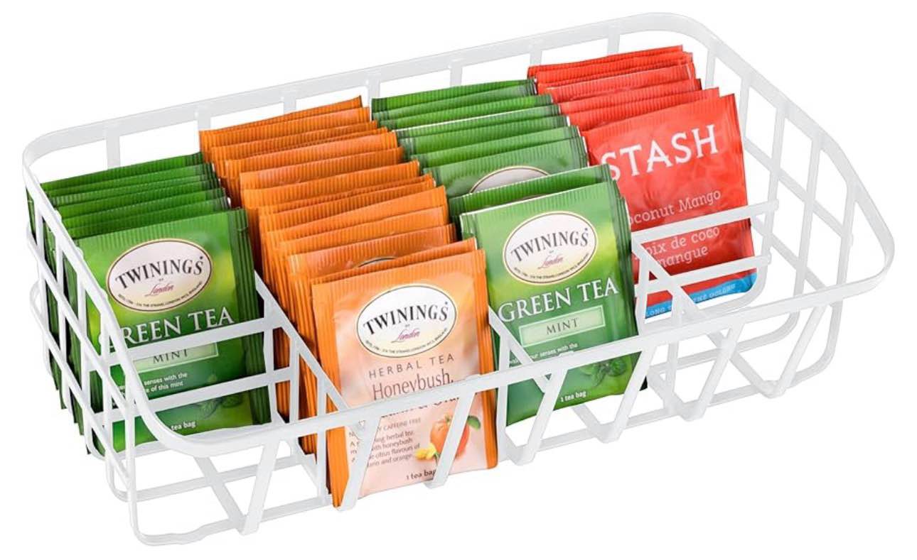 tea bag organizer caddy - metal tea box storage holder for cups, pods, packets, condiment accessories - white