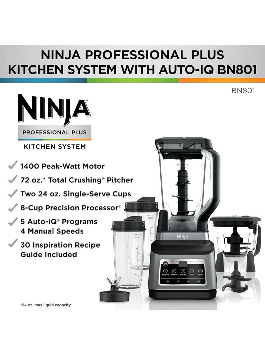 Condition photo showing As Is for Ninja BN801 Professional Plus Kitchen System, 1400 WP, 5 Functions for Smoothies, Chopping, Dough & More with Auto IQ, 72-oz.* Blender Pitcher, 64-oz. Processor Bowl, (2) 24-oz. To-Go Cups, Grey (Used)