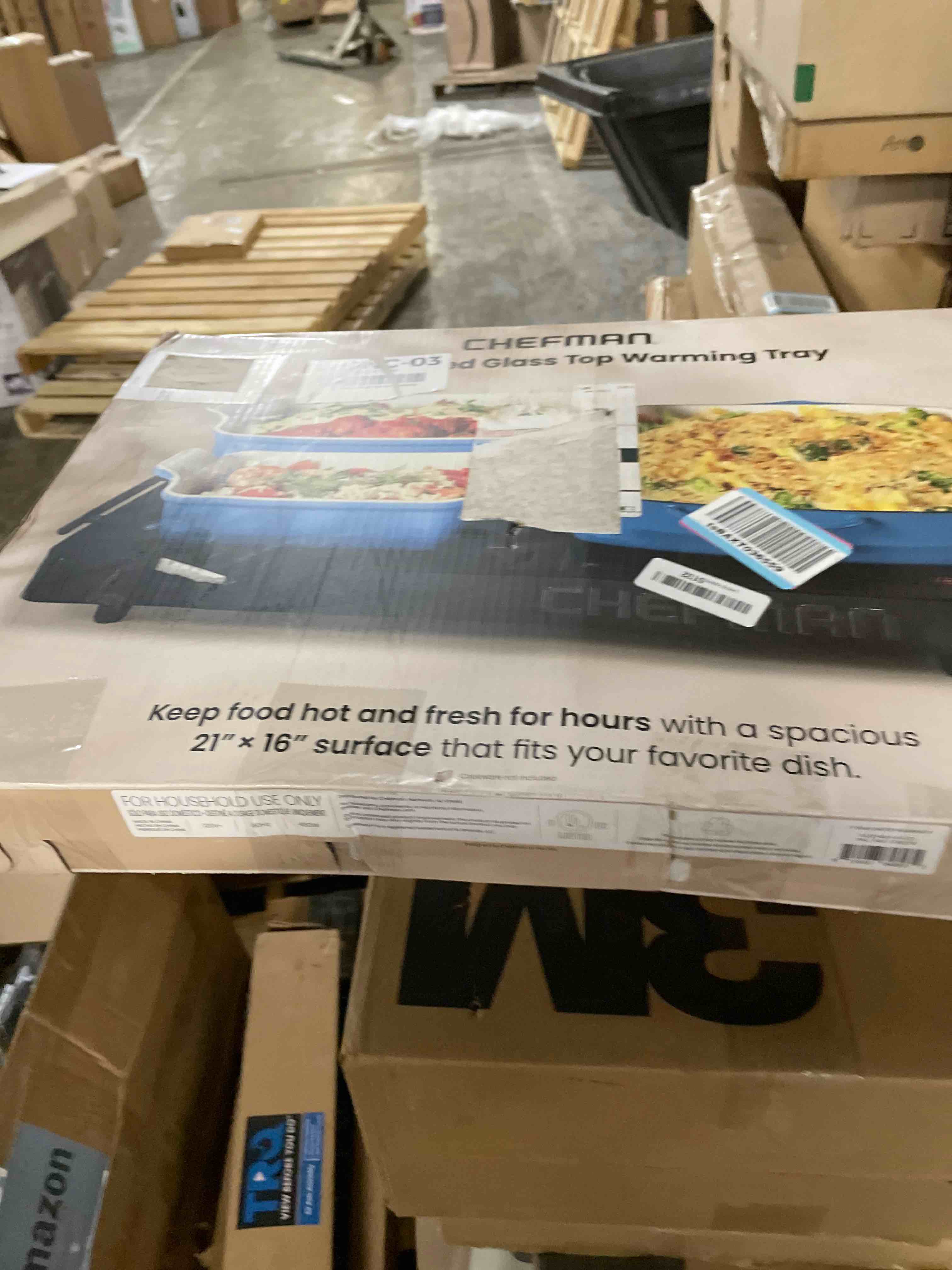 Condition photo showing Good Condition for Chefman Electric Warming Tray with Adjustable Temperature Control, Perfect For Buffets, Restaurants, Parties, Events, and Home Dinners, Large 21” x 16” Glass-Top Surface Keeps Food Hot – Black Stainless Black Large - 21" x 16"