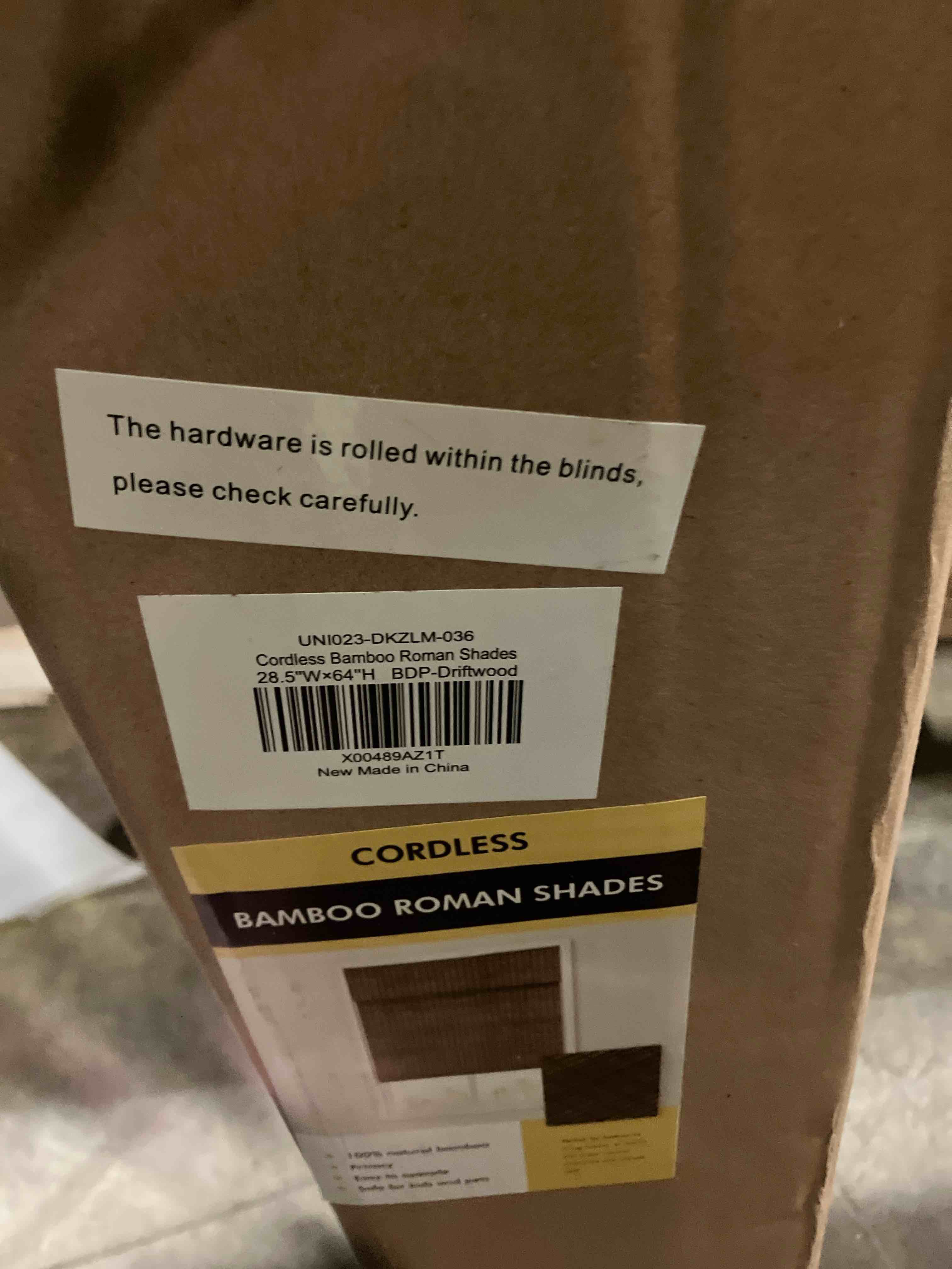 Condition photo showing New/Like New for Cordless Bamboo Roman Shades for Windows, Blinds Size (28 1/2" W × 64" H) Colour (BDP-Driftwood) Fits Windows (28 3/4" W × 64" H)