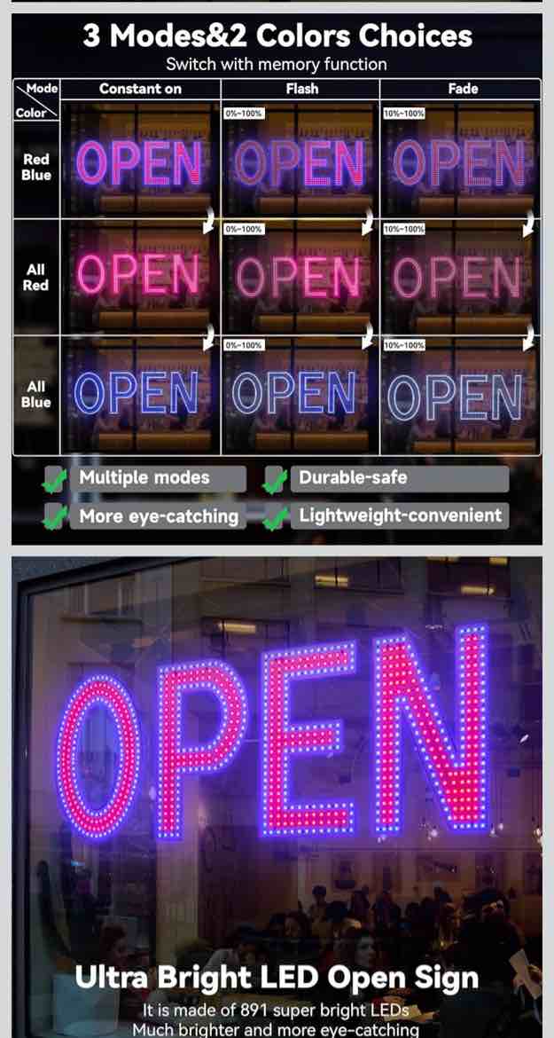 Thirdpolite Open Sign for Business, 48"x17" Dimmable Large LED Open Signs with Hanging Installation
