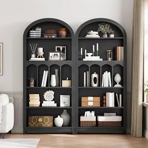 HOOBRO Arched Bookshelf Set of 2, 70.9" Tall Arch Bookcase with Storage, 5-Tier Farmhouse Book Shelf, Modern Arched Cabinet, Wooden Bookshelf with Open Display Shelves for Living Room, Office, Black