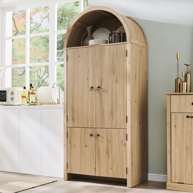 71" High Arched Kitchen Pantry, Modern Wooden Storage Cabinets with Door Slots, Equipped with Open Arched Shelves