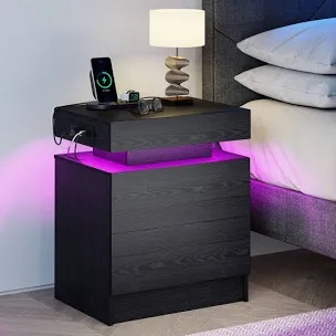 westerly modern style wooden nightstand with led light and storage drawers