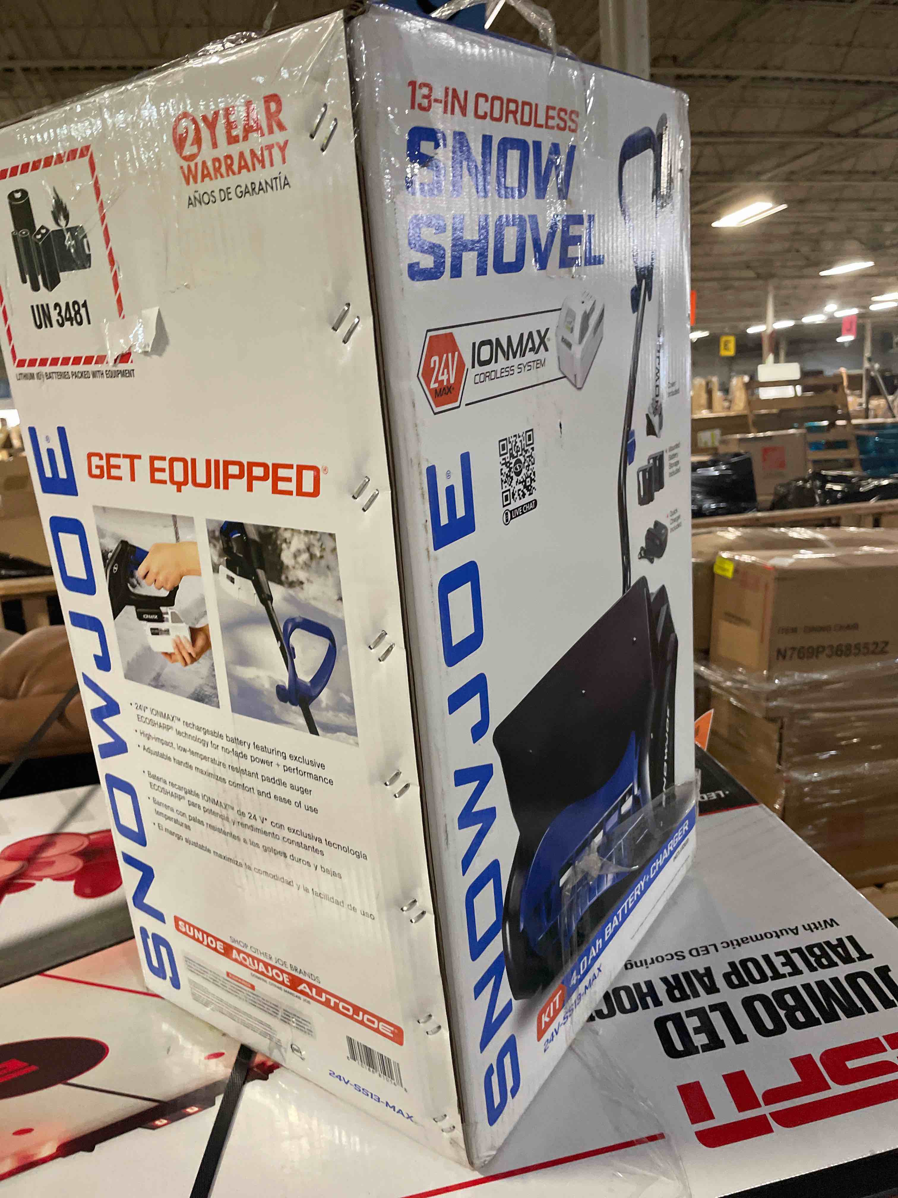 Condition photo showing New/Like New for Snow Joe 24V iON+ Cordless Snow Shovel, Blue and Black, 13 Inch, with 4Ah Battery, Quick Charger, Battery Holder, Cover