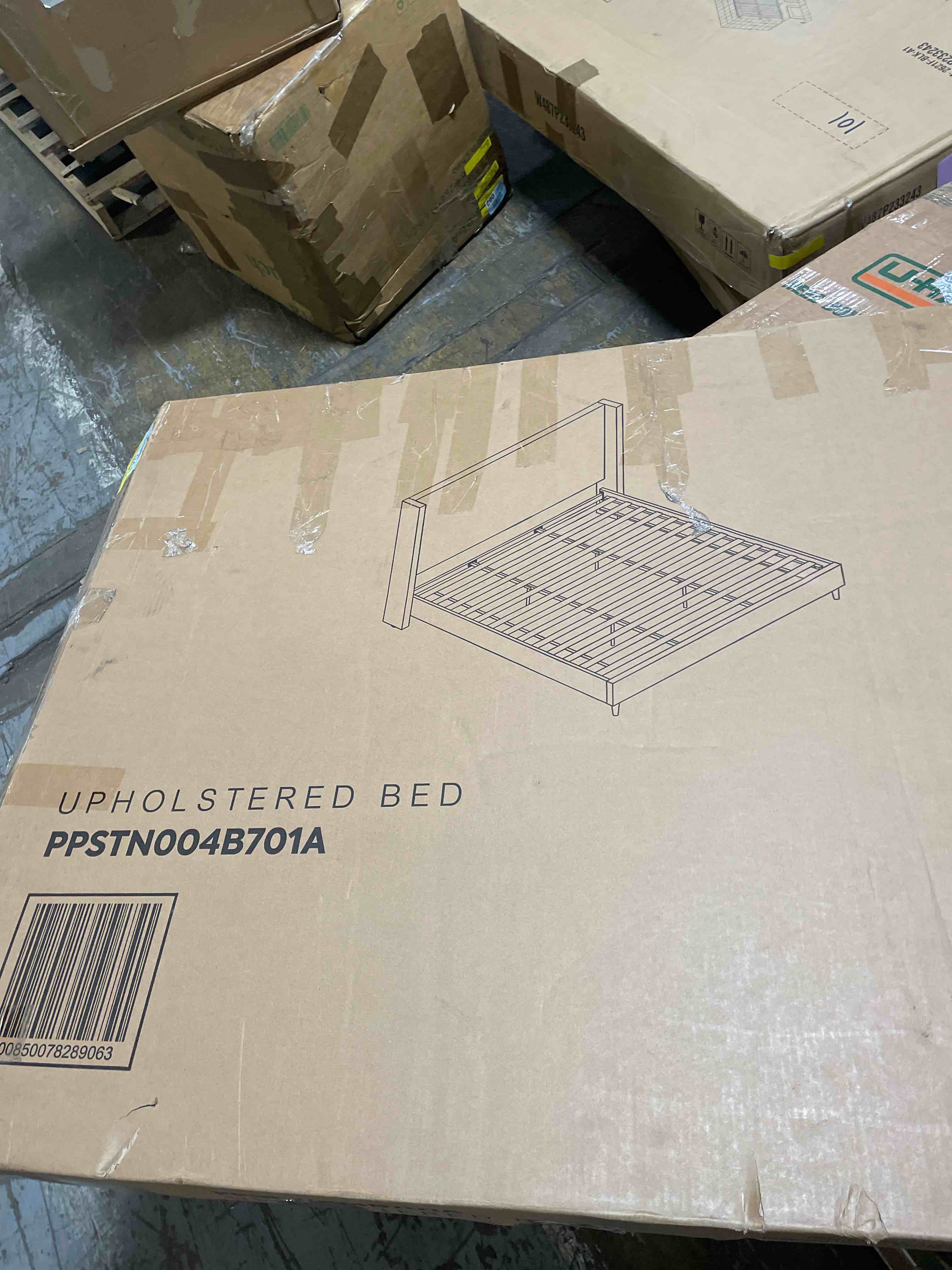 Condition photo showing As Is for LARMACE King Size Bed Frame with LED Lights and Charging Station Linen Upholstered Platform Bed Frame with 51.2" Tall Wingback Headboard and Storage Shelf, No Box Spring Needed, Easy Assembly, Beige (incomplete, only headboard)