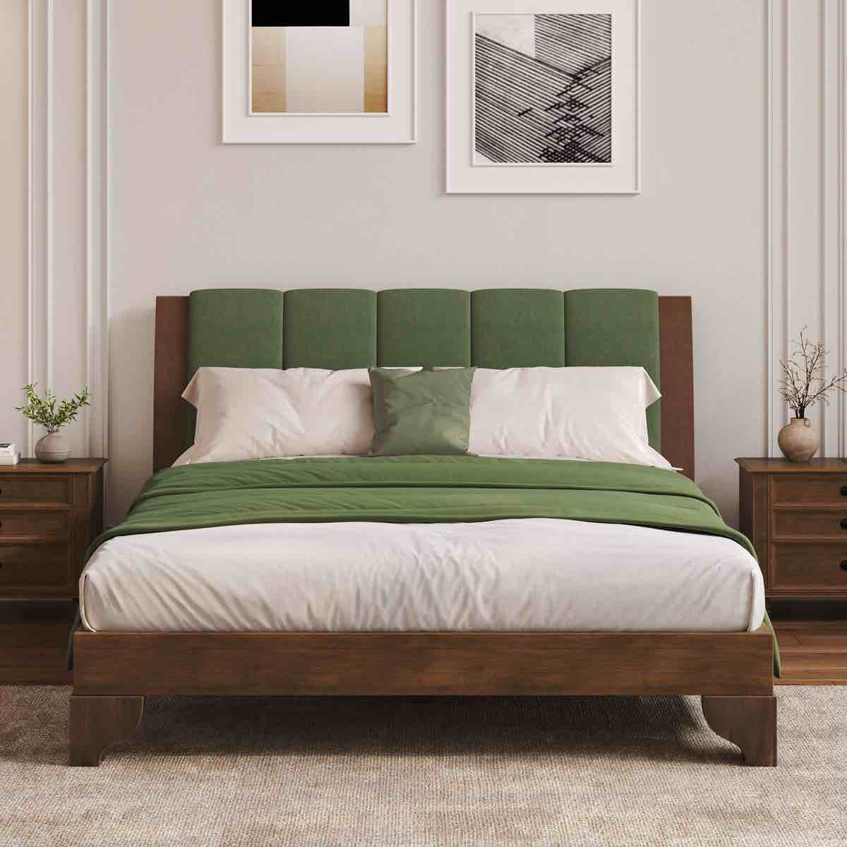 Premium Walnut & Green Pine Wood Queen Bed Frame - Mid-Century Modern with Headboard