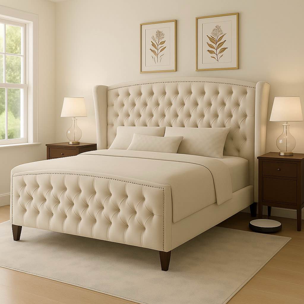 dujuan deep button tufted upholstered bed with nailhead trim wingback headboard