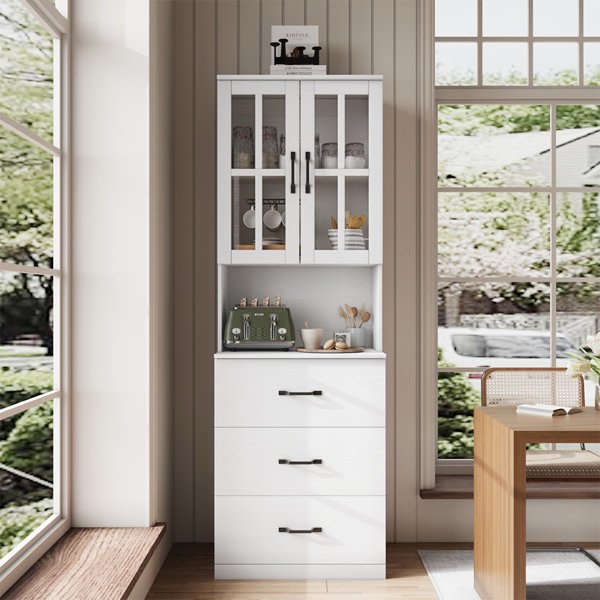 71" h x 23.6" w kitchen pantry with bookcases, glass door kitchen hutch