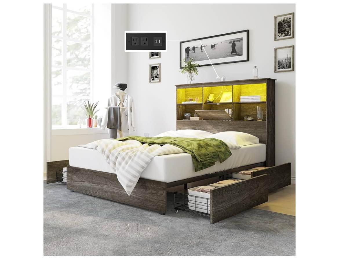 AMERLIFE Queen Size Bed Frame Wooden Platform Bed with 51.2" LED Storage Bookcase Headboard, 4 Storage Drawers & Charging Station/No Box Spring Needed/Noise Free/Rustic Grey