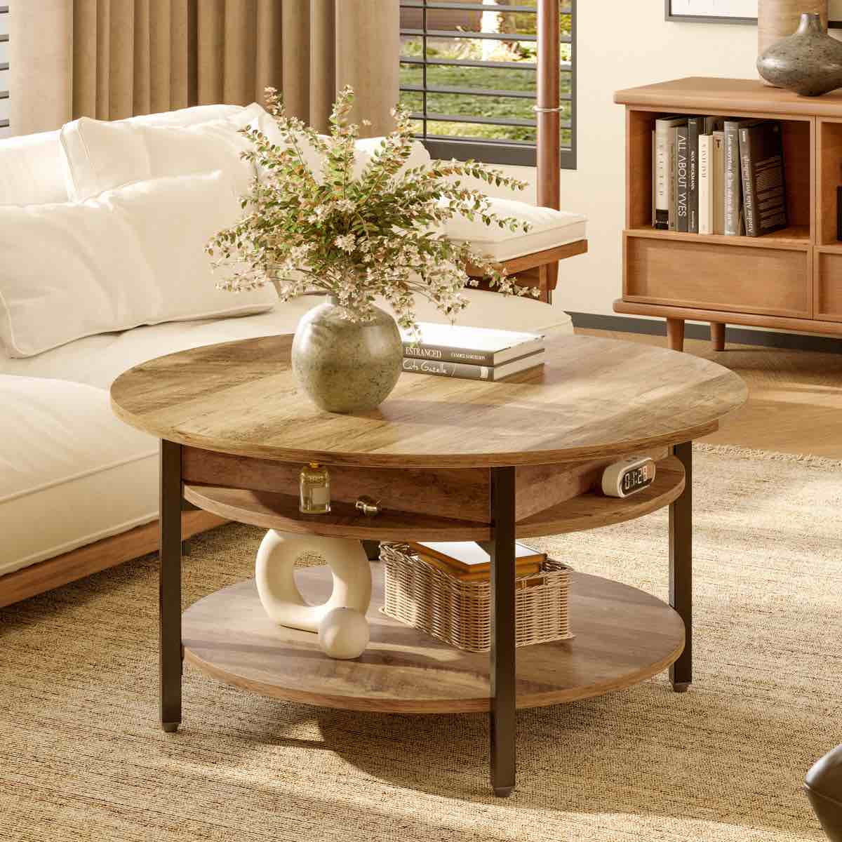 Wynny 27"W Round Lift-Top Wood Coffee Table with Storage