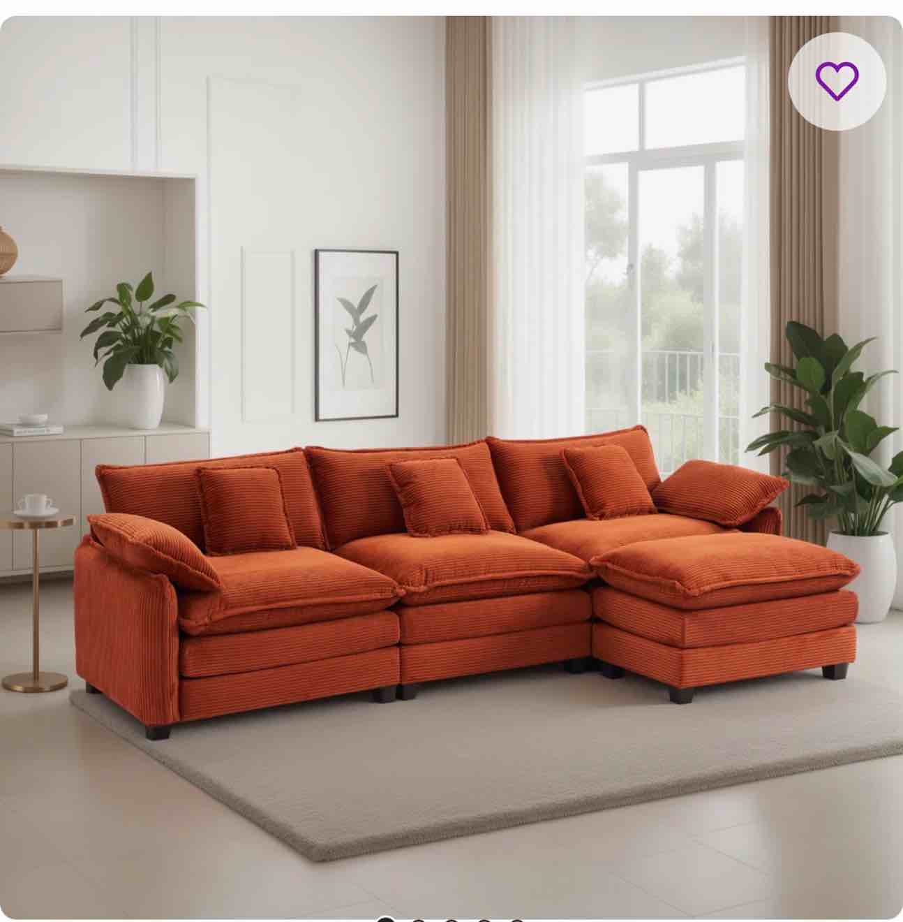 modular sectional sofa, comfy cloud couch with movable ottoman, 3-seat corduroy sofa sleeper with double cushions, deep seat sofa with 5 pillows for living room(3 seater with 1 ottoman)