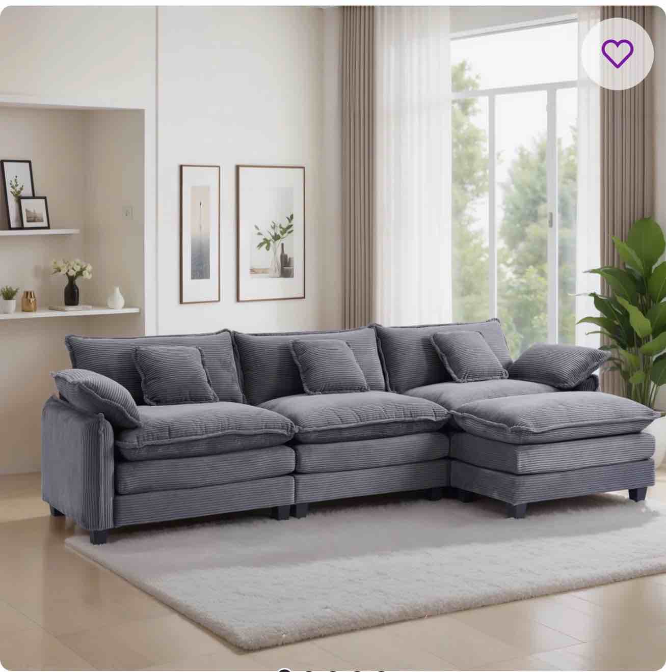 modular sectional sofa, comfy cloud couch with movable ottoman, 3-seat corduroy sofa sleeper with double cushions, deep seat sofa with 5 pillows for living room(3 seater with 1 ottoman)