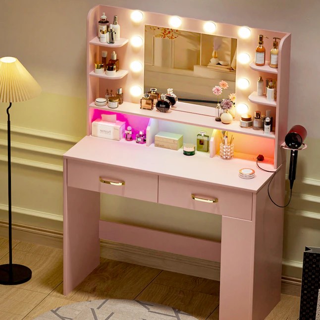 gtplayer vanity desk with lighted mirror and power outlet rgb led lights 