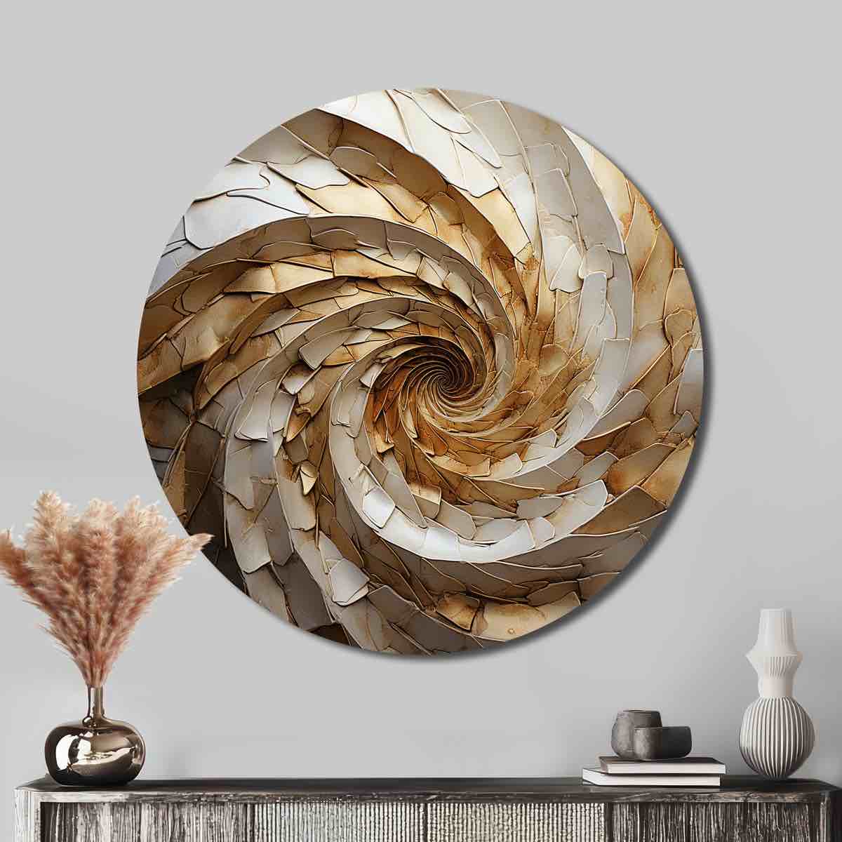 beige minimalism spiral poteries i - abstract round metal art