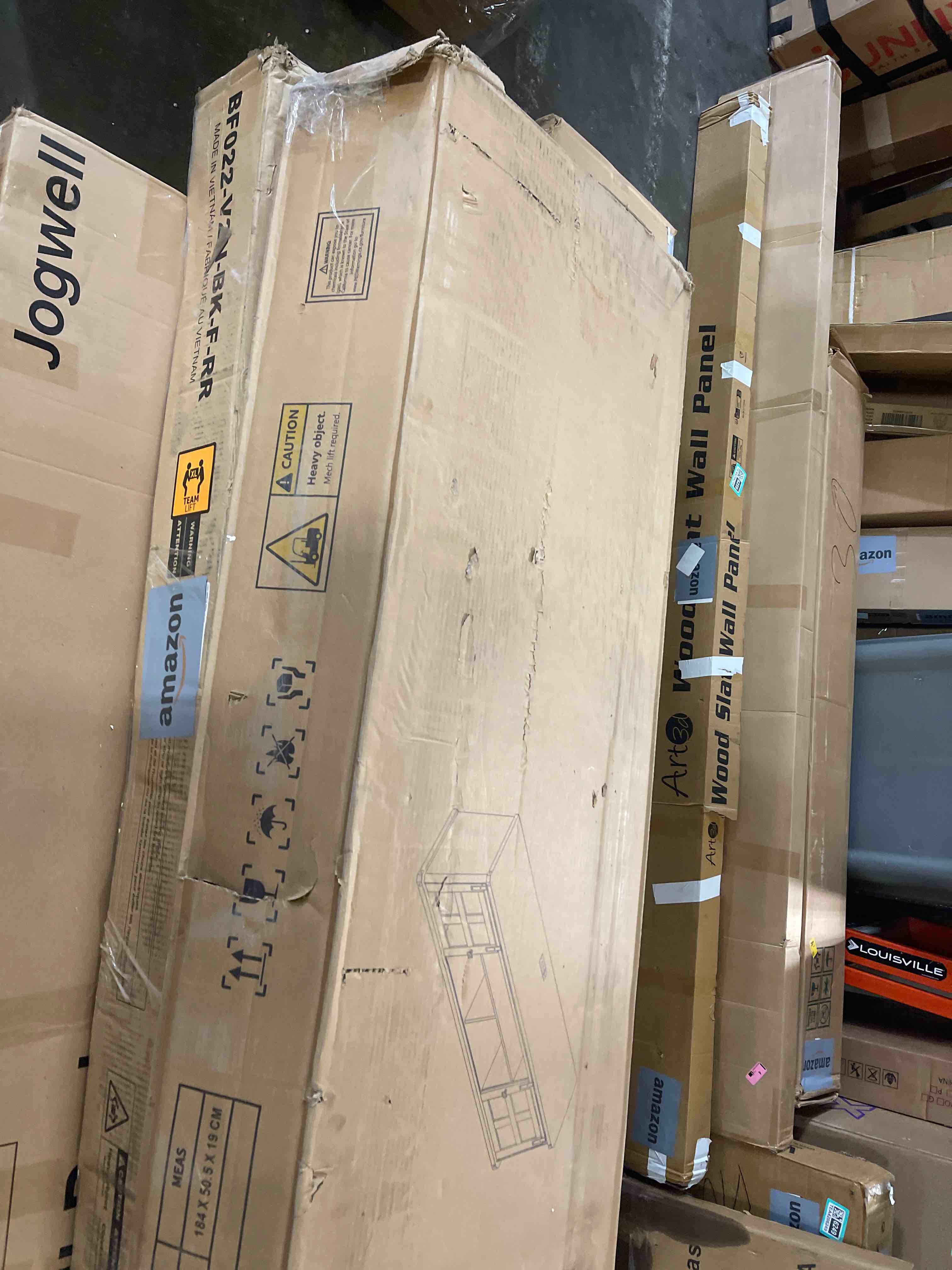 Condition photo showing New/Like New for 70“ Farmhouse TV Stand with Outlets for 80 inch tv, LED Entertainment Center with Storage Cabinets and Sliding Barn Doors, TV Media Console Table for Living Room, White