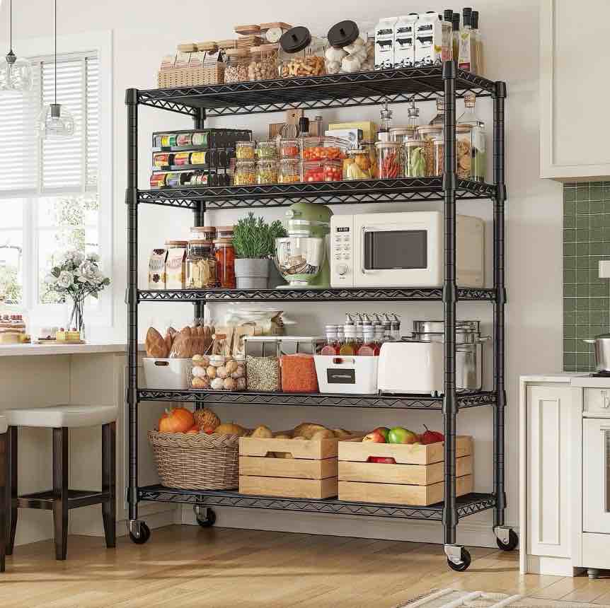 reibii storage shelves wire shelving unit with wheels 75.6" h adjustable 5 tier metal shelves heavy duty pantry shelves load 1980lbs