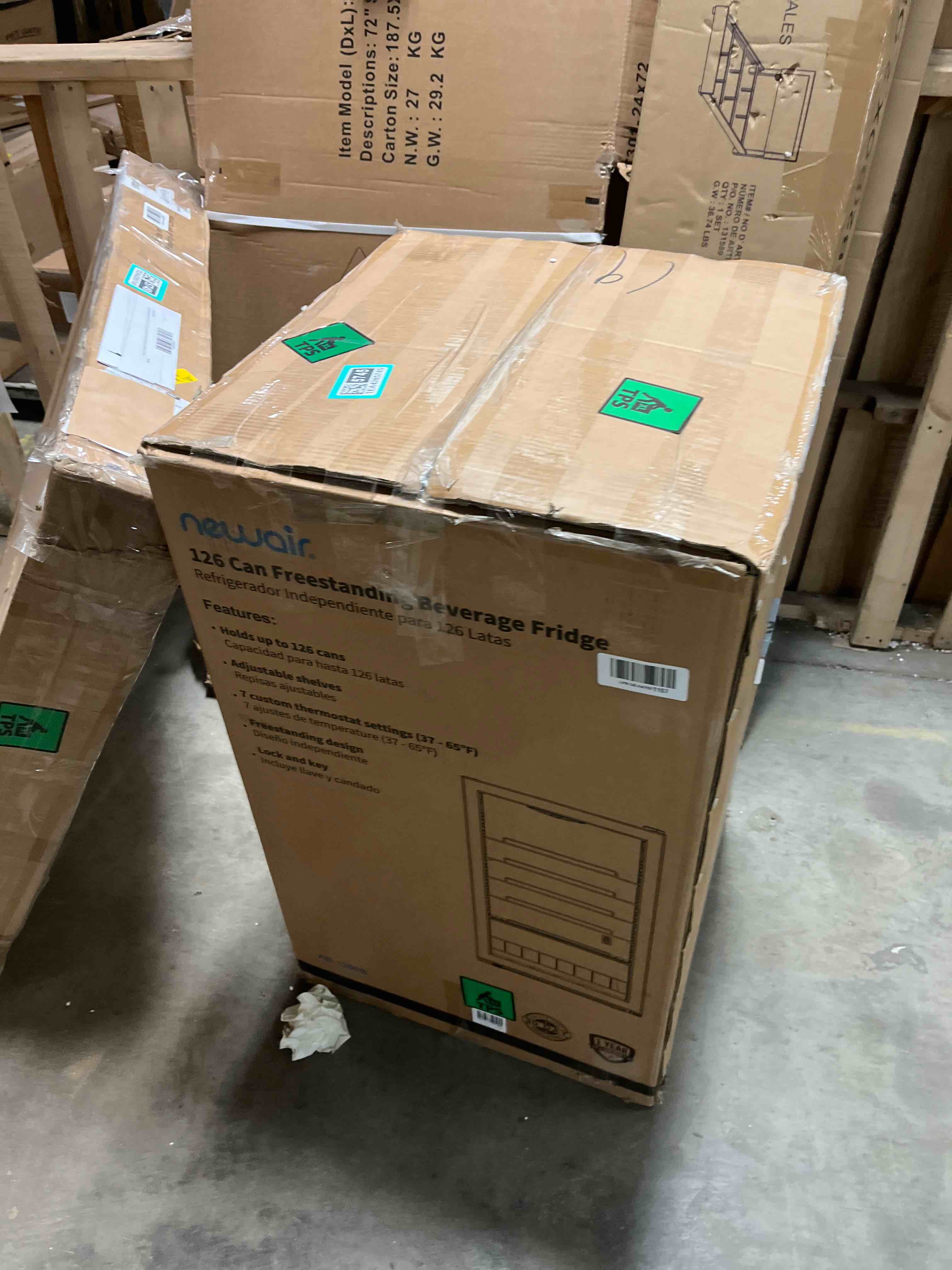 Condition photo showing New/Like New for NewAir Beverage Refrigerator 126 Cans, Free Standing Cooler with Right Hinge Glass Door Beverage Cooler, Mini Fridge Beverage Organizer For Beer, Wine, Soda, And Cooler Drinks