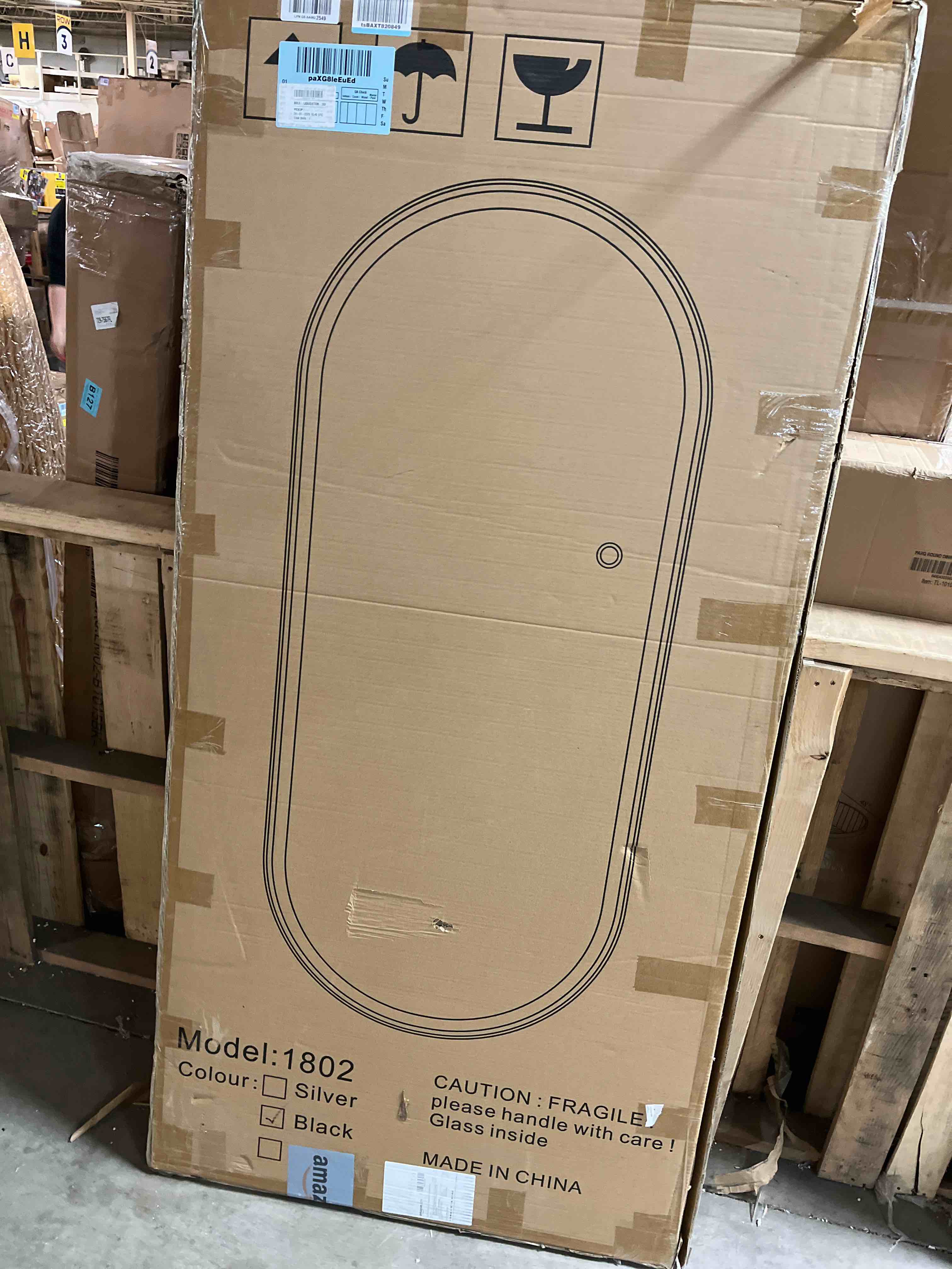 Condition photo showing New/Like New for FENNIO Full Length Mirror with Lights, 70"x32" LED Full Body, Wall Mounted Hanging Mirror for Bedroom, Salon, 3-Color Lighting, Brushed Aluminum Frame [Tempered Glass] Oval/ Black 70"L x 32"W