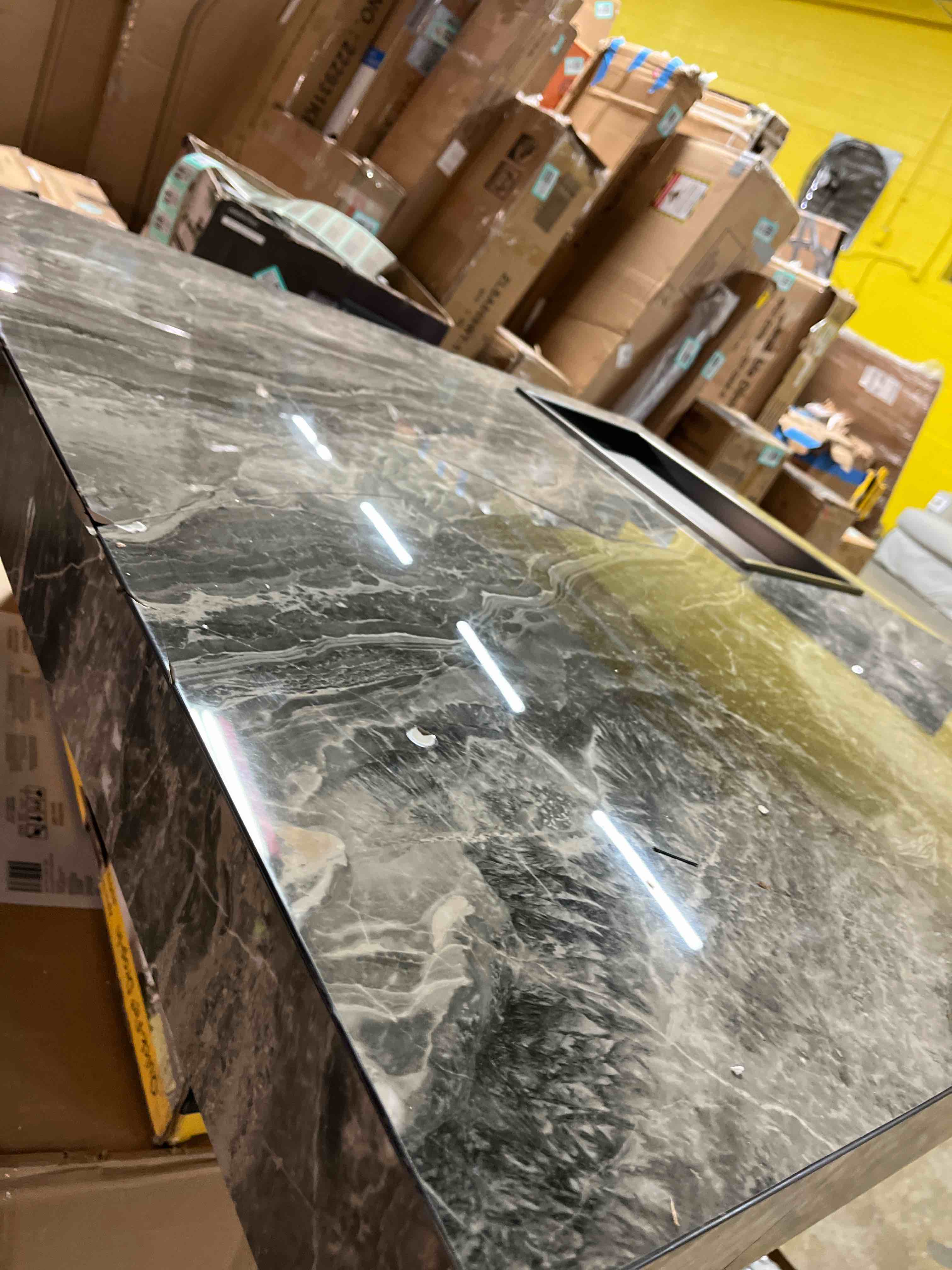 Condition photo showing As Is for JASIWAY Luxury Sintered Stone Square Coffee Table with Carbon Steel Base, Coffee Table for Living Room Home Office, 39.37" W x 39.37" D x 11.81" H(Cracked and corner broke)