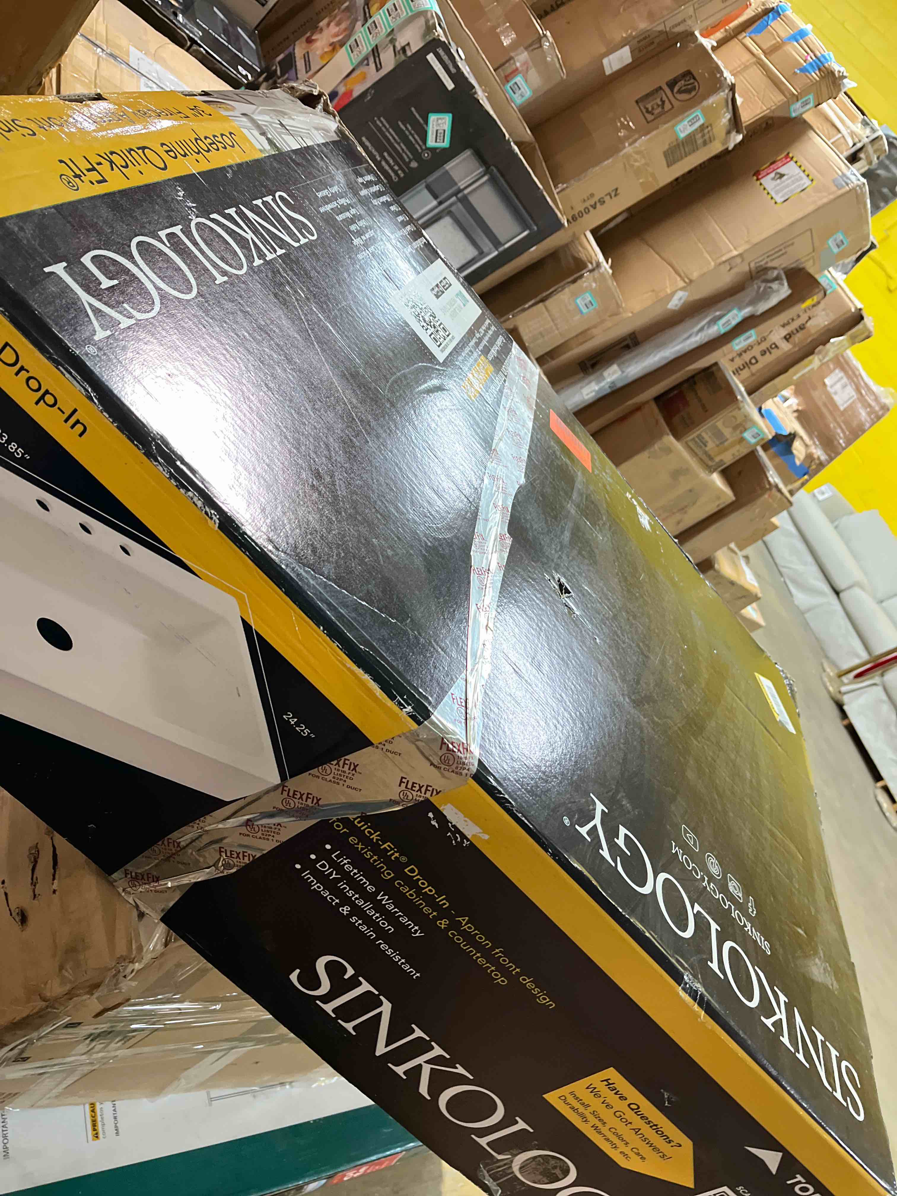 Condition photo showing As Is for Sinkology Jackson Crisp White Fireclay 33" Single Bowl Drop-In Kitchen Sink with 1 Hole(little chip on back side not noticeable)