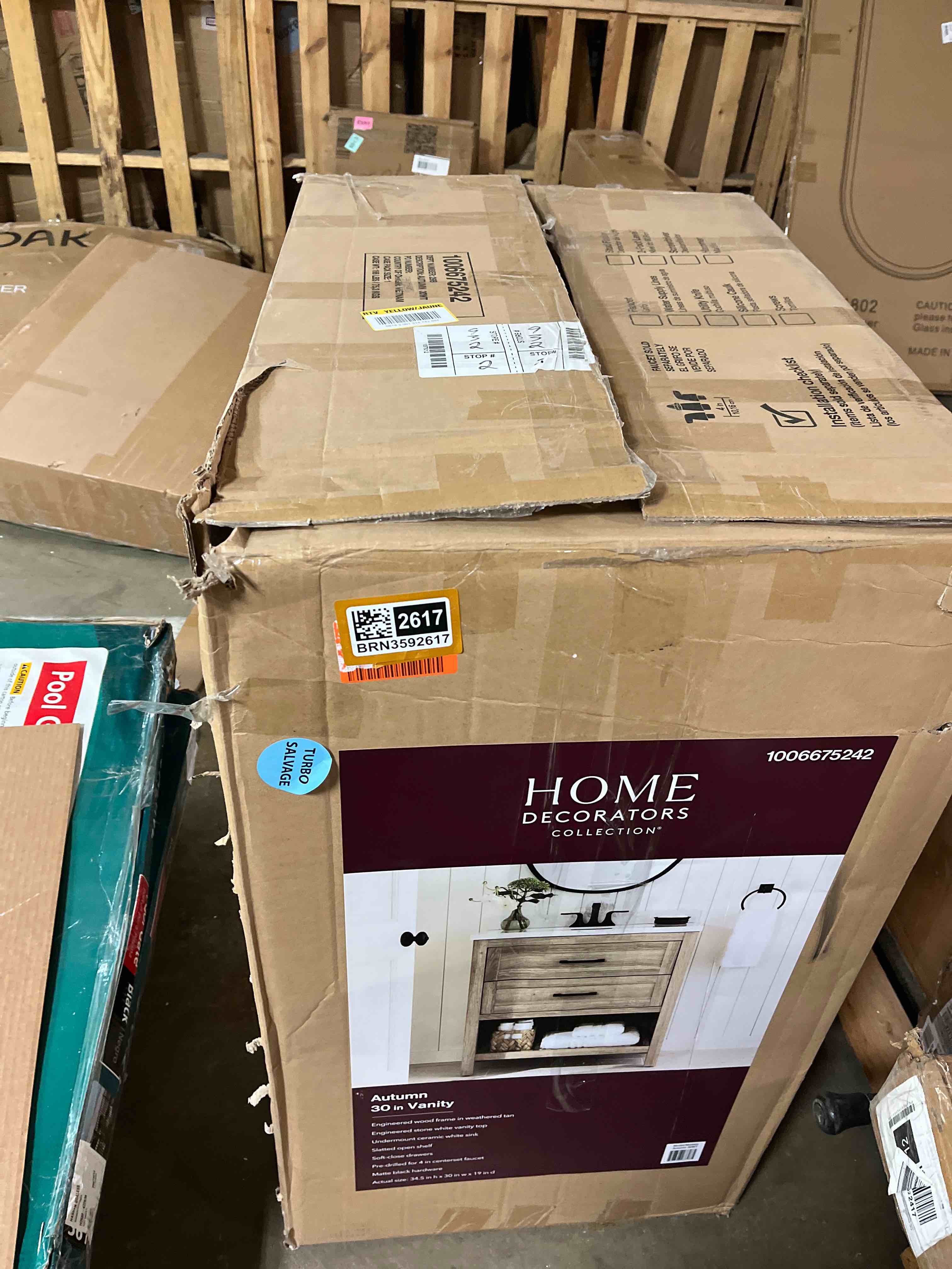 Condition photo showing As Is for 30 Inch Bathroom Vanity with Sink, Farmhouse Storage Cabinet with Drawers & Open Storage Shelf, Easy Assembly, Adjustable Feet, Oak(sink top broken )