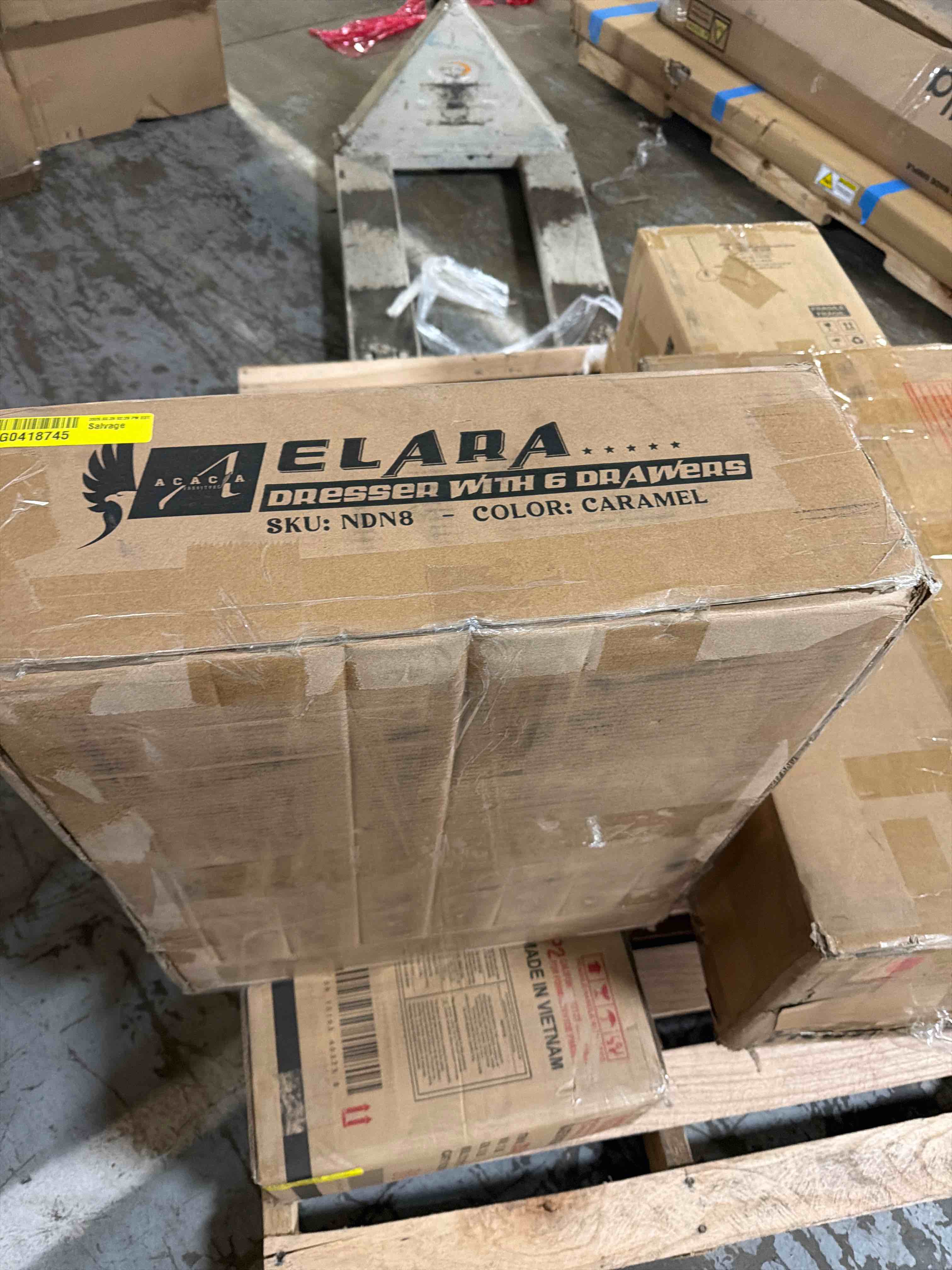 Condition photo showing As Is for acacia elara 6 drawer dresser for bedroom – solid wood chest of drawers, 52" wide mid century modern dresser, wood drawer organizer for living room, hallway, entryway, caramel finish (incomplete box 2/2)