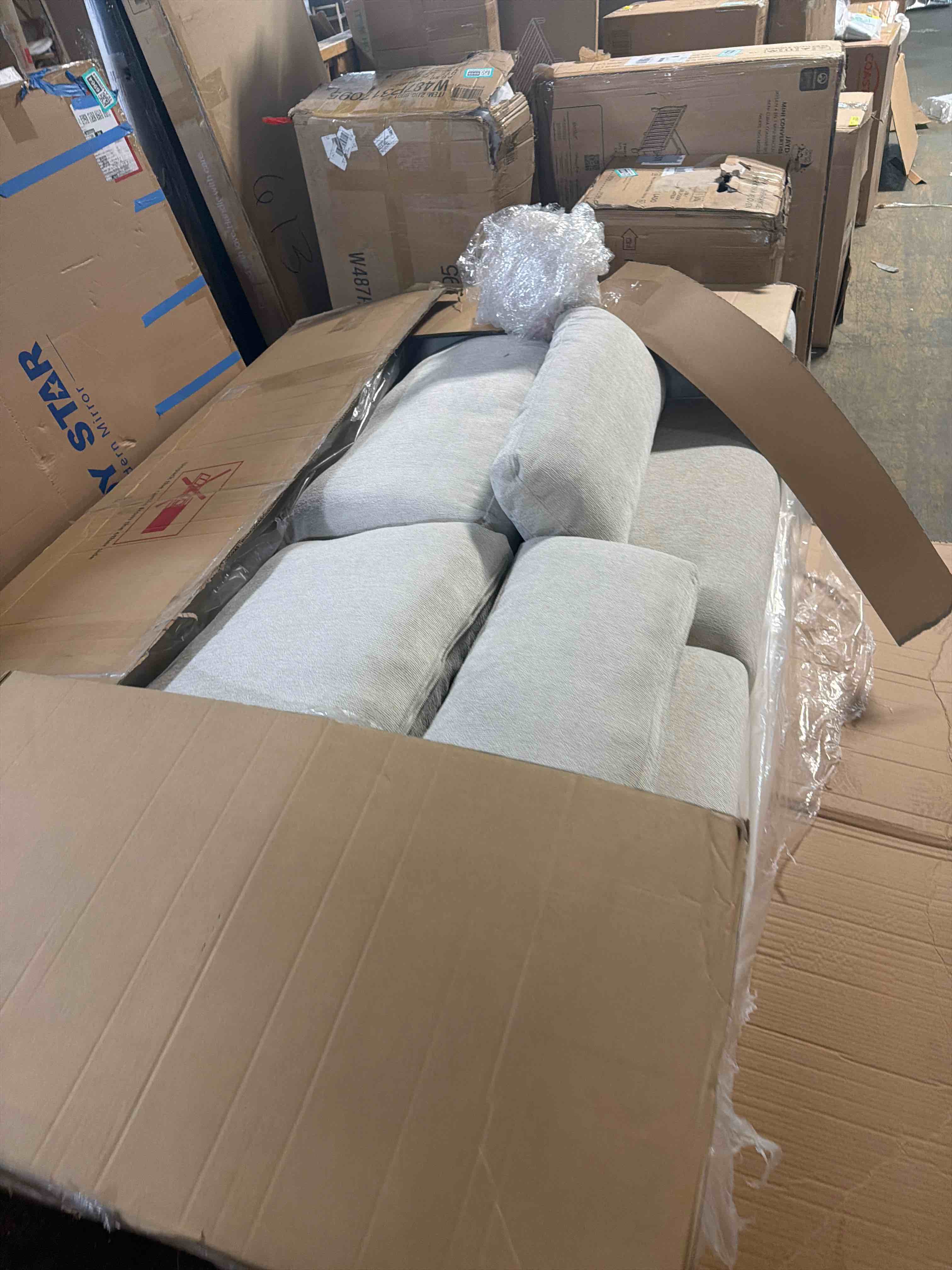 Condition photo showing As Is for modern luxury oversized sofa, chenille velvet, 83-inch, cloud-like comfort, contemporary living room couch with multiple throw pillows, white
