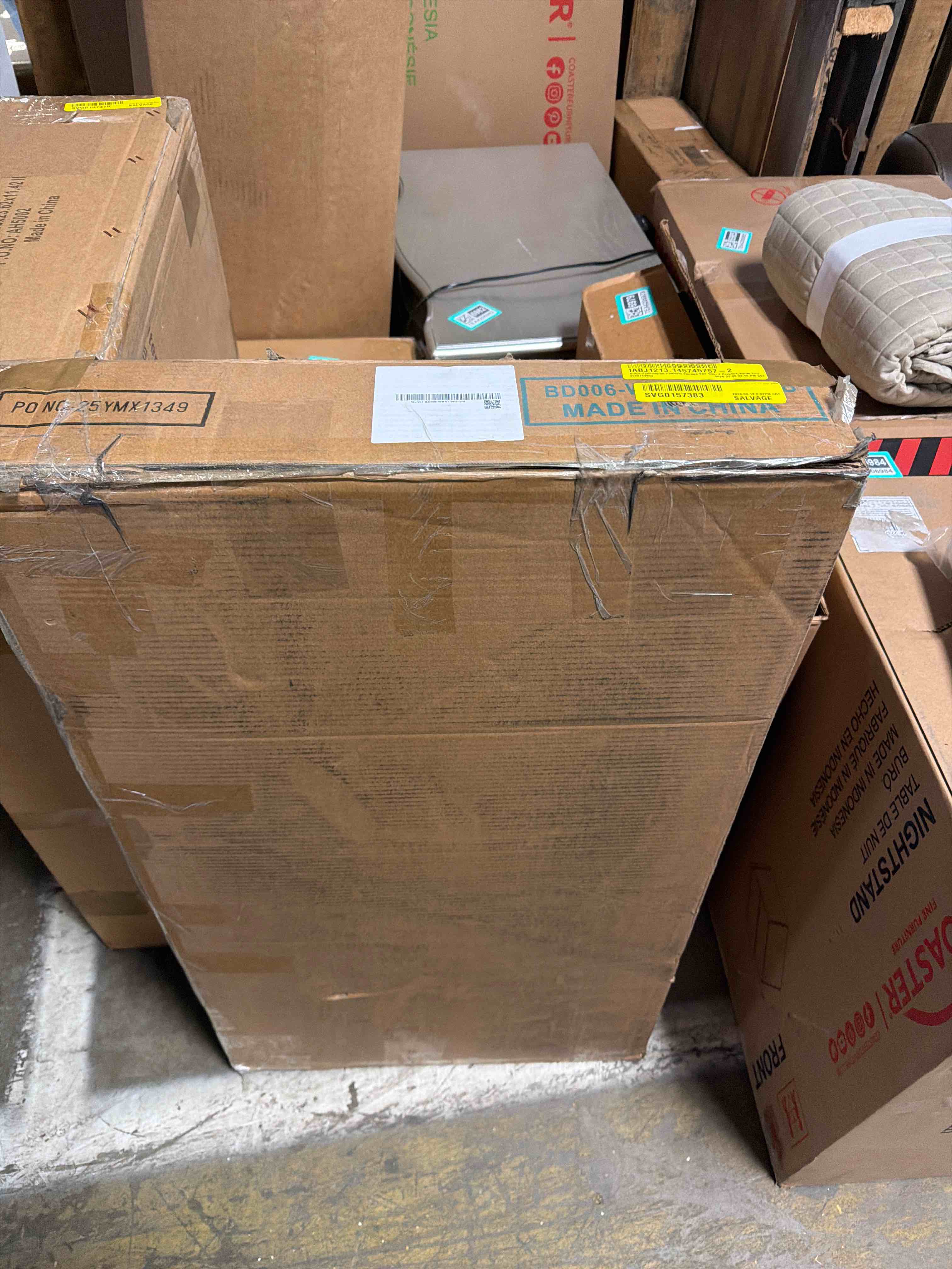 Condition photo showing As Is for braya upholstered platform storage bed with 4 drawers, white full