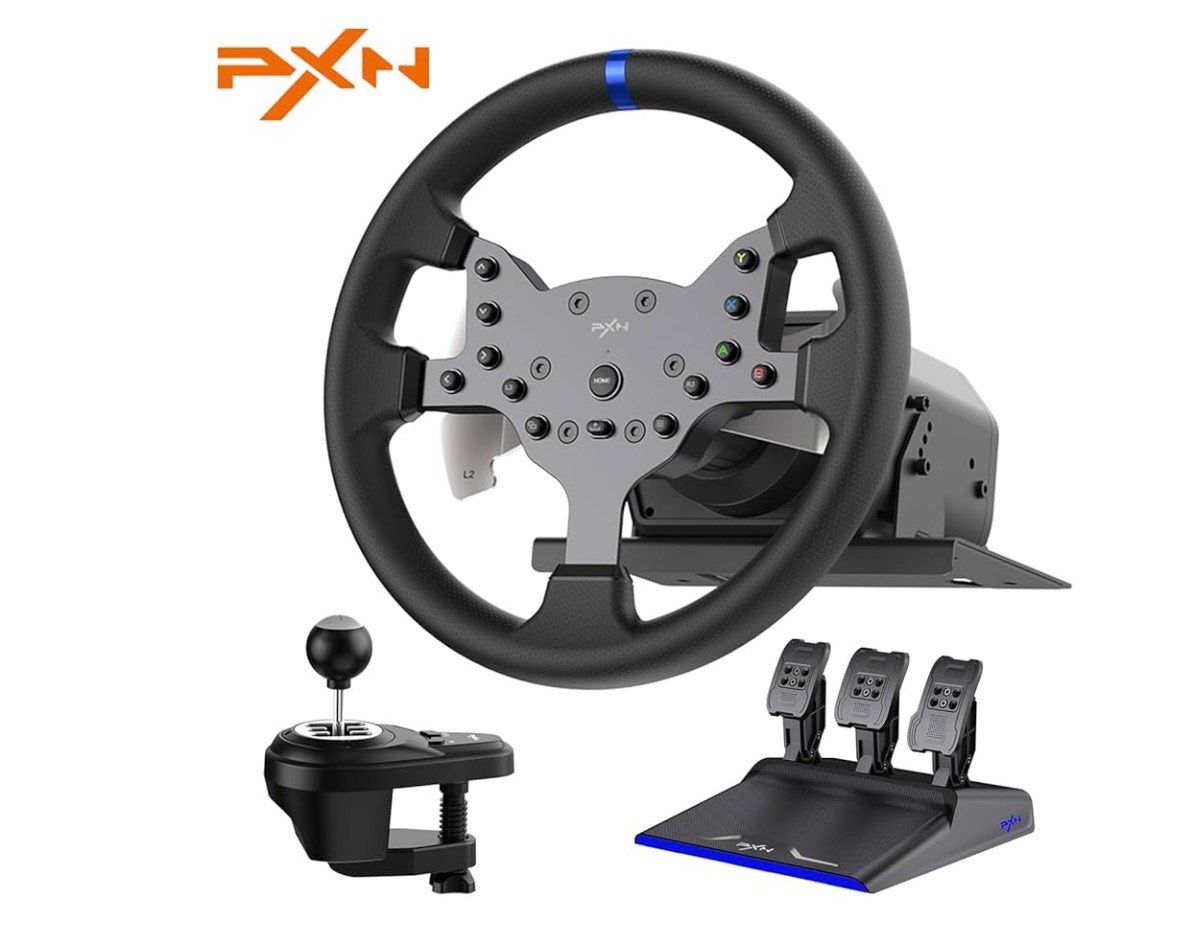 PXN V99 Driving Force Steering Wheel, 3.2Nm Dual-Motor Force Feedback Base, 11.8-inch TPR Rubber Wheel Cover Sim Racing Wheel With Shifter and Pedal, Desk Clamp, for PC, PS4, Xbox One, Xbox Serive X|S