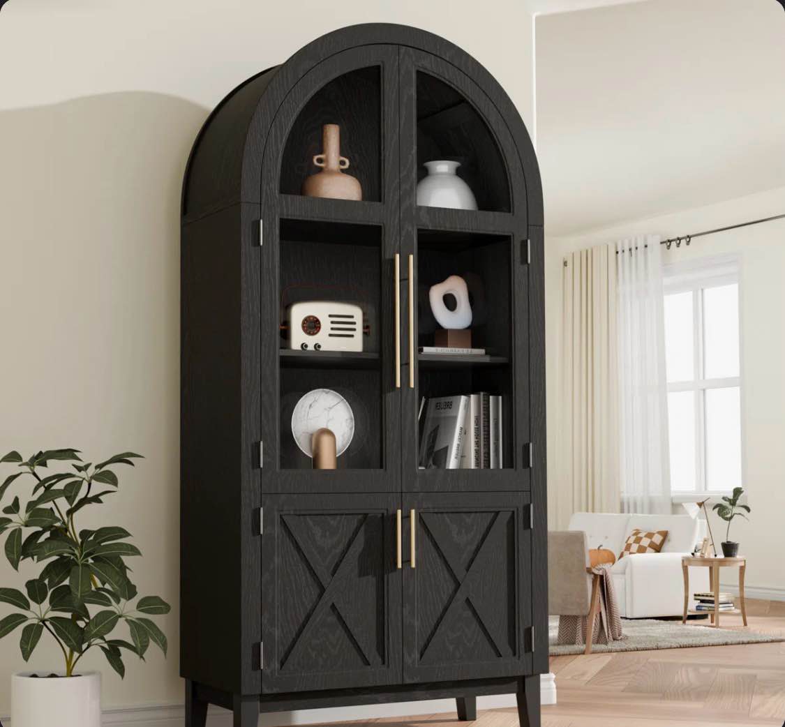 Arch Storage Cabinet With Beech-wooden Door, 5 Tier Farmhouse Buffet Cabinet, Arched Display Floor Cabinet With Storage For Dining Room/home Office(74”)