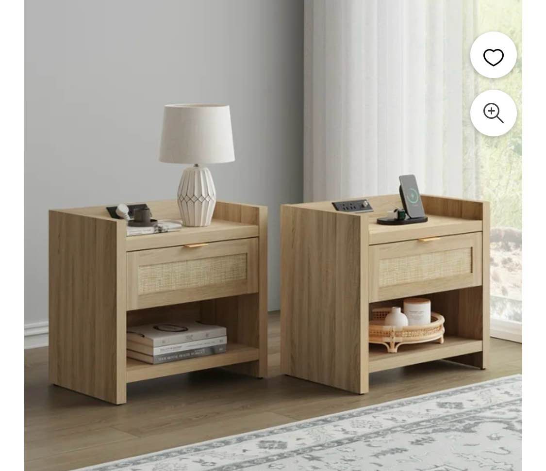 rattan nightstand set of 2 with charging station ,boho bedside table with usb type c ports ,rattan night stand with storage drawers and shelf for bedroom,living room,light oak