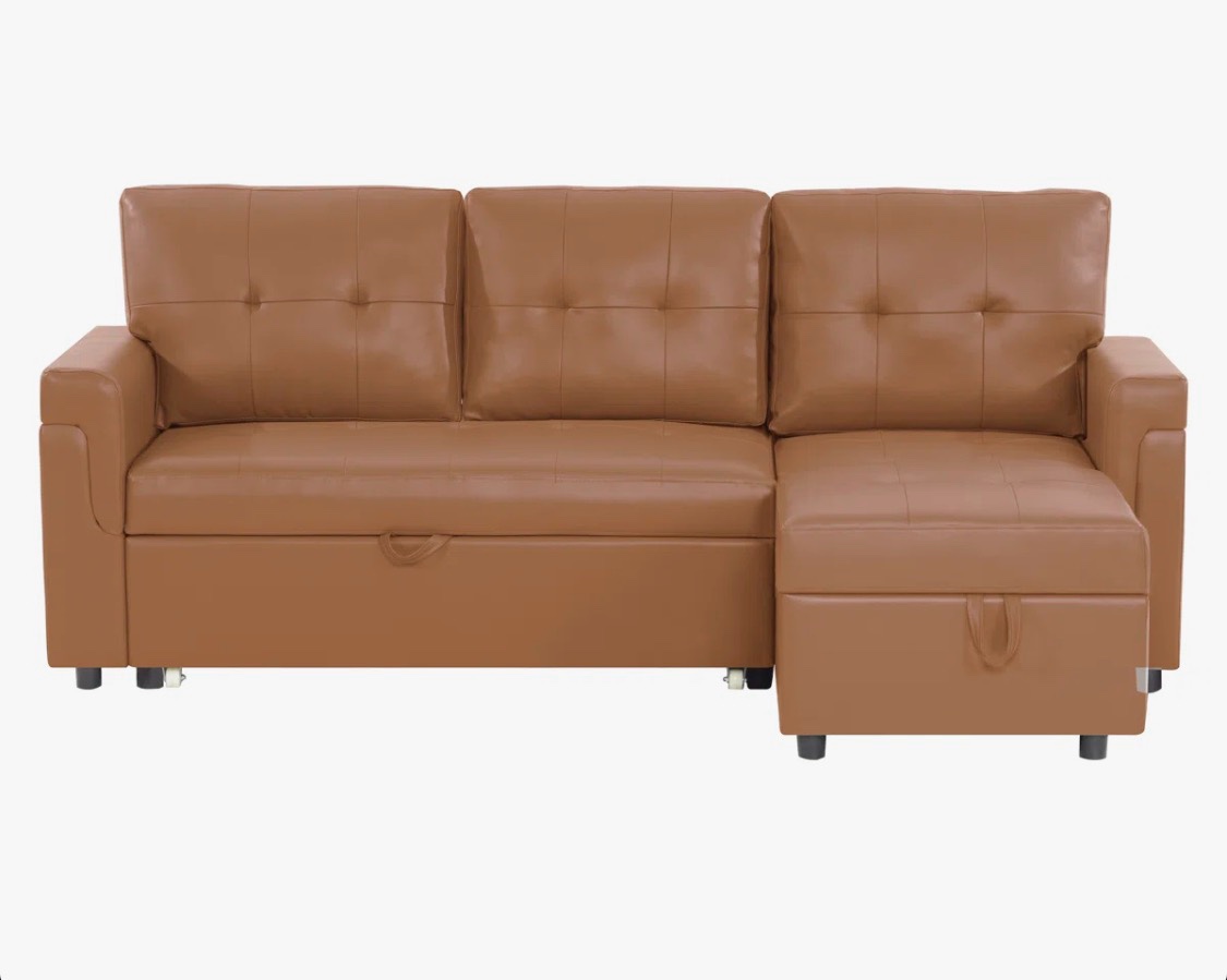 monasha vegan modern leather l-shaped sectional sleeper sofa – reversible pull out couch with storage (incomplete set)