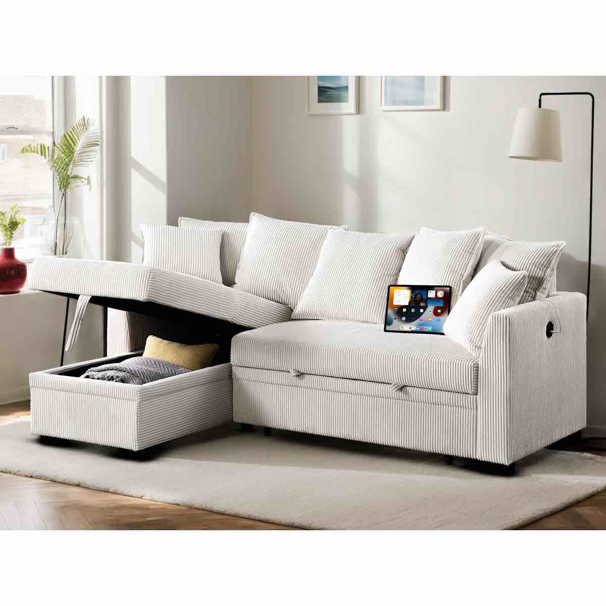 Condition photo showing As Is for shariff corduroy upholstered sleeper sectional sofa couch pull out sofa bed with reversible storage chaise , usb ports , 7 pillows by latitude run®