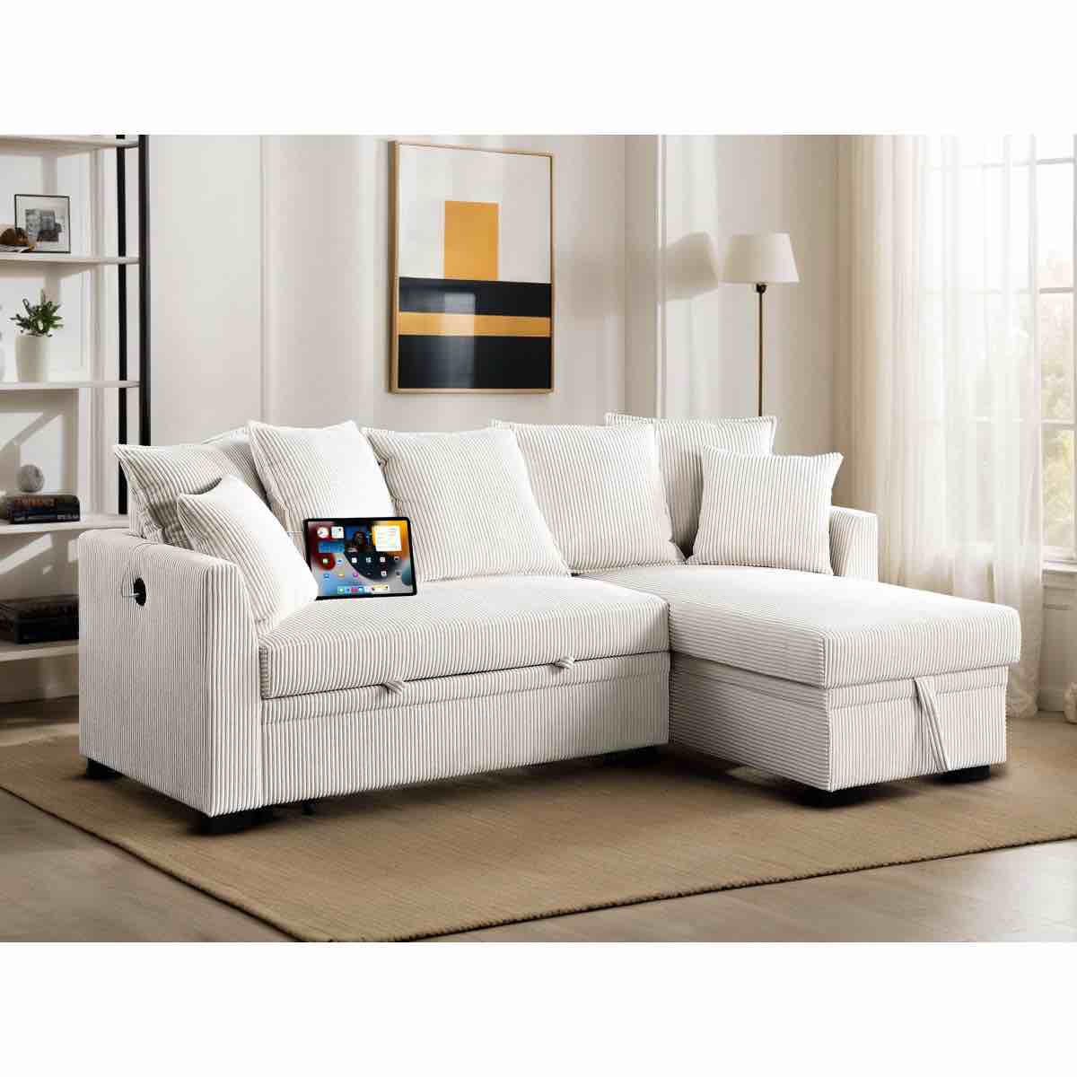 shariff corduroy upholstered sleeper sectional sofa couch pull out sofa bed with reversible storage chaise , usb ports , 7 pillows by latitude run®