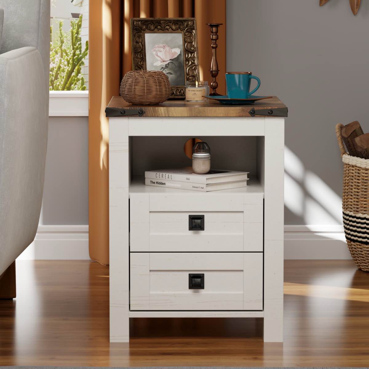 farmhouse end table with 2 usb ports, 2 power outlets by gracie oaks