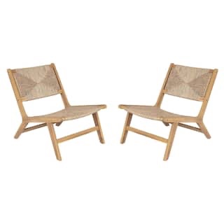 2-Piece Teak Acacia Wood Water-resistant Outdoor Lounge Chair with Light Teak PE Wicker Seating & Back for Garden, Patio