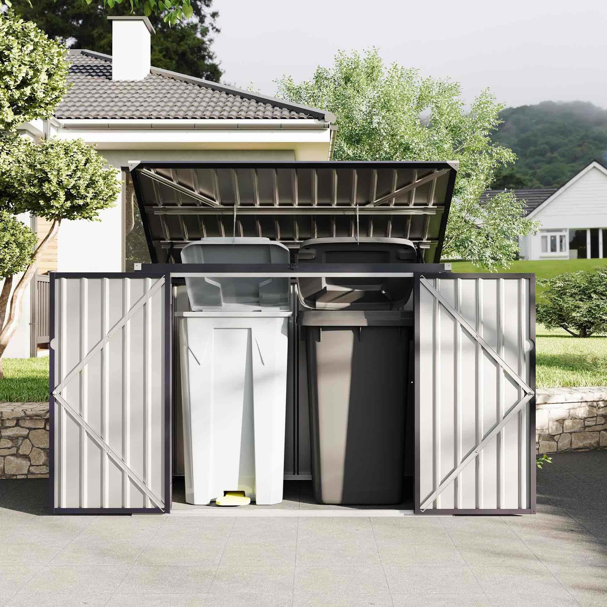 garvee 3x6ft metal outdoor storage shed for 2 trash cans, garbage bin storage with chain lid, durable garden, backyard & patio shed