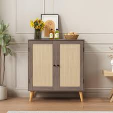 (2)sideboard buffet kitchen storage cabinet with rattan decorated doors, dining room, living room, hallway, cupboard console table, liquor/accent cabinet, three colors available (oak)