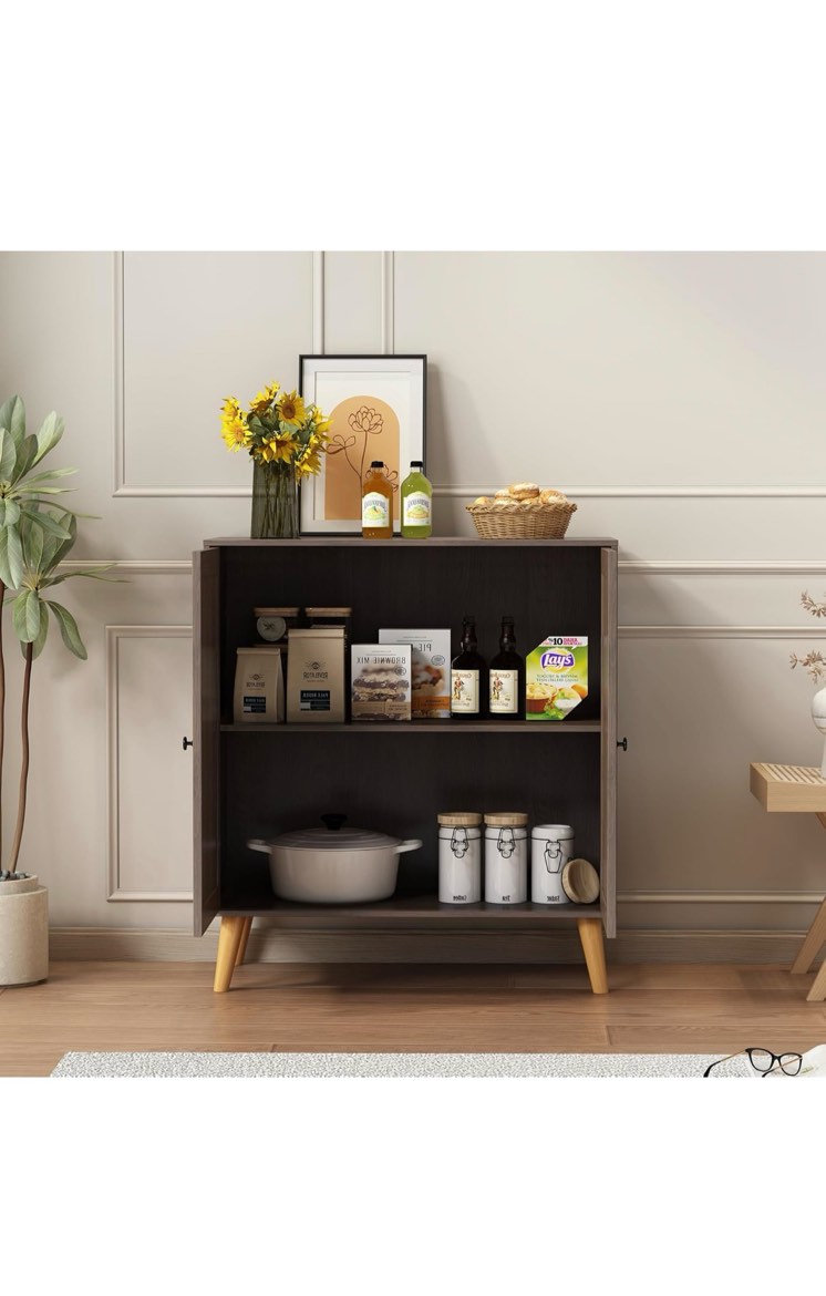 Condition photo showing New/Like New for sideboard buffet kitchen storage cabinet with rattan decorated doors, dining room, living room, hallway, cupboard console table, liquor/accent cabinet, (oak)