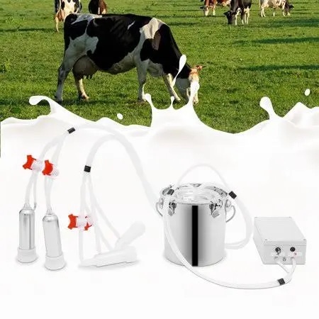 upgrade 2-in-1 goats and cows milking machine, 1.85gal/7l food-grade stainless steel bucket with 5200mah built-in rechargeable battery, 4 teat cups, cordless pulsation vaccum electric milking machine