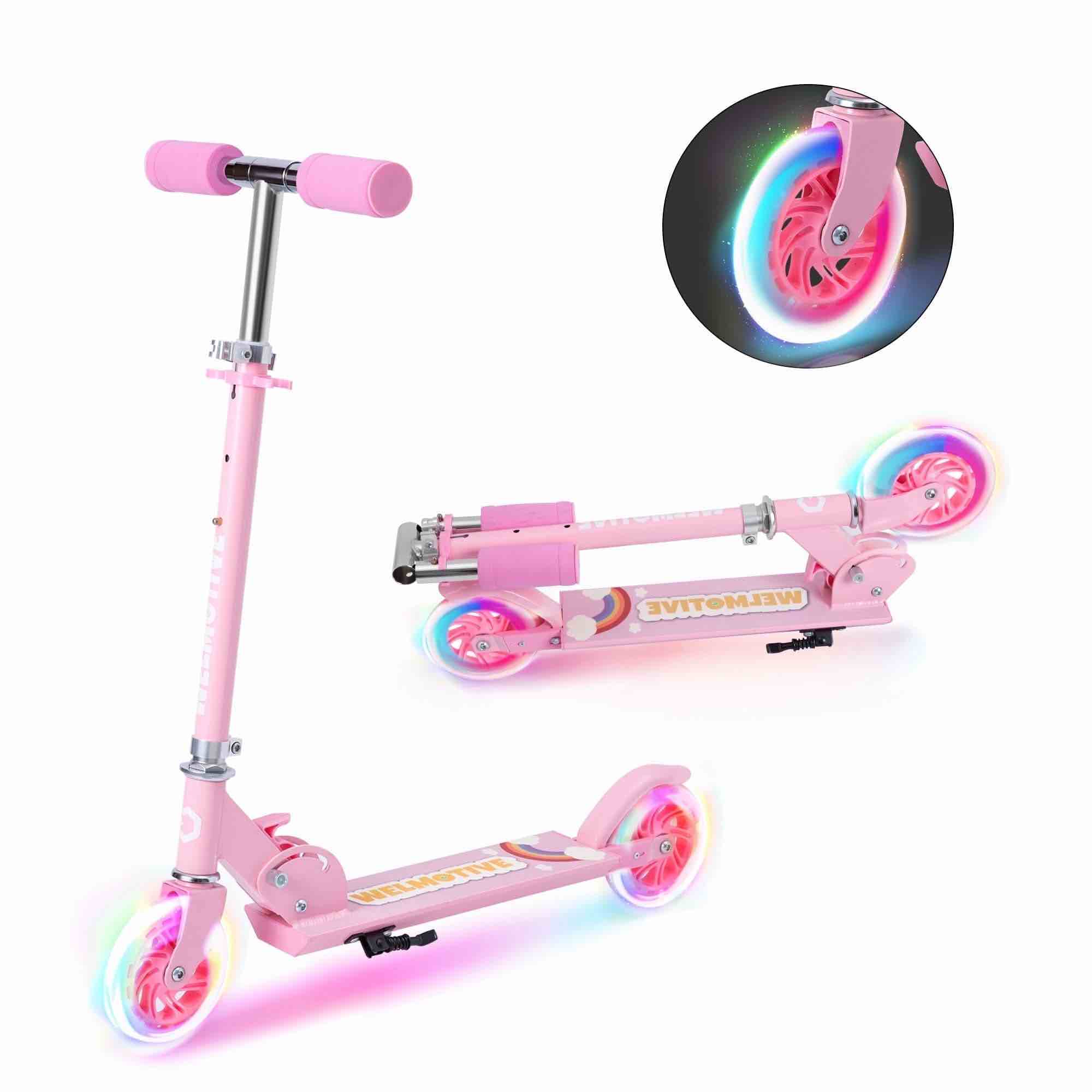 welmotive scooter for kids ages 3-8 - kick kids scooters for boys & girls light up wheels portable lightweight folding design with reducing system and adjustable height handlebars and up to 110 lbs
