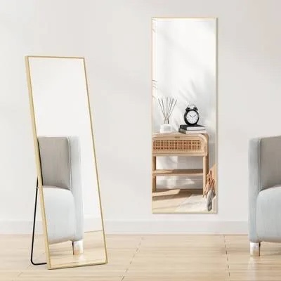 aluminum frame large mirror, 59"x16" full length mirror with stand, free standing leaning mirror hanging mounted mirror for bathroom living room, gold
